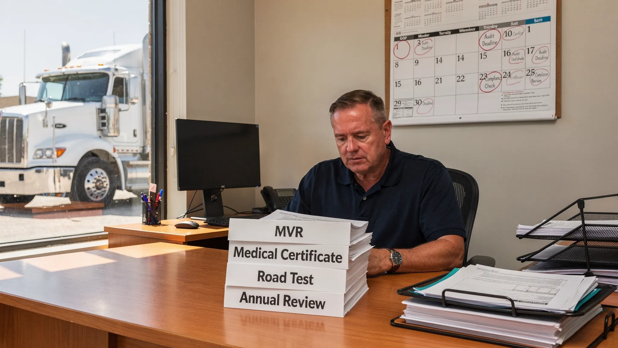 A truck owner at a desk reviewing a neat stack of compliance documents labeled DQF, MVR, Medical Certificate, Road Test, and Annual Review. A semi truck is visible through a window in the background, and a wall calendar highlights audit deadlines.