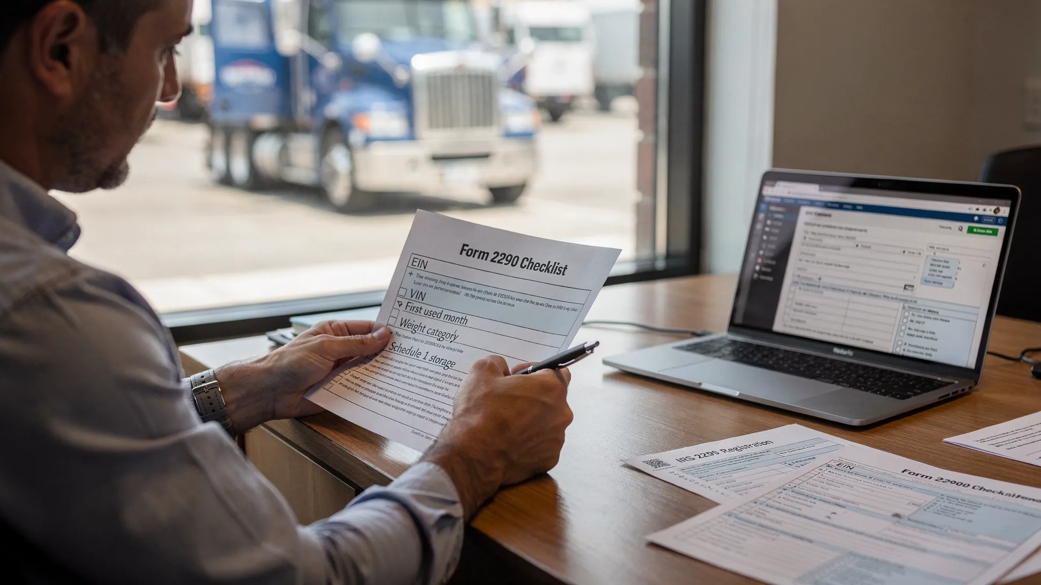 A truck owner at a desk reviewing Form 2290 details with a simple checklist: EIN, VIN, first used month, weight category, payment method, and Schedule 1 storage. A semi truck and registration documents are visible in the background.