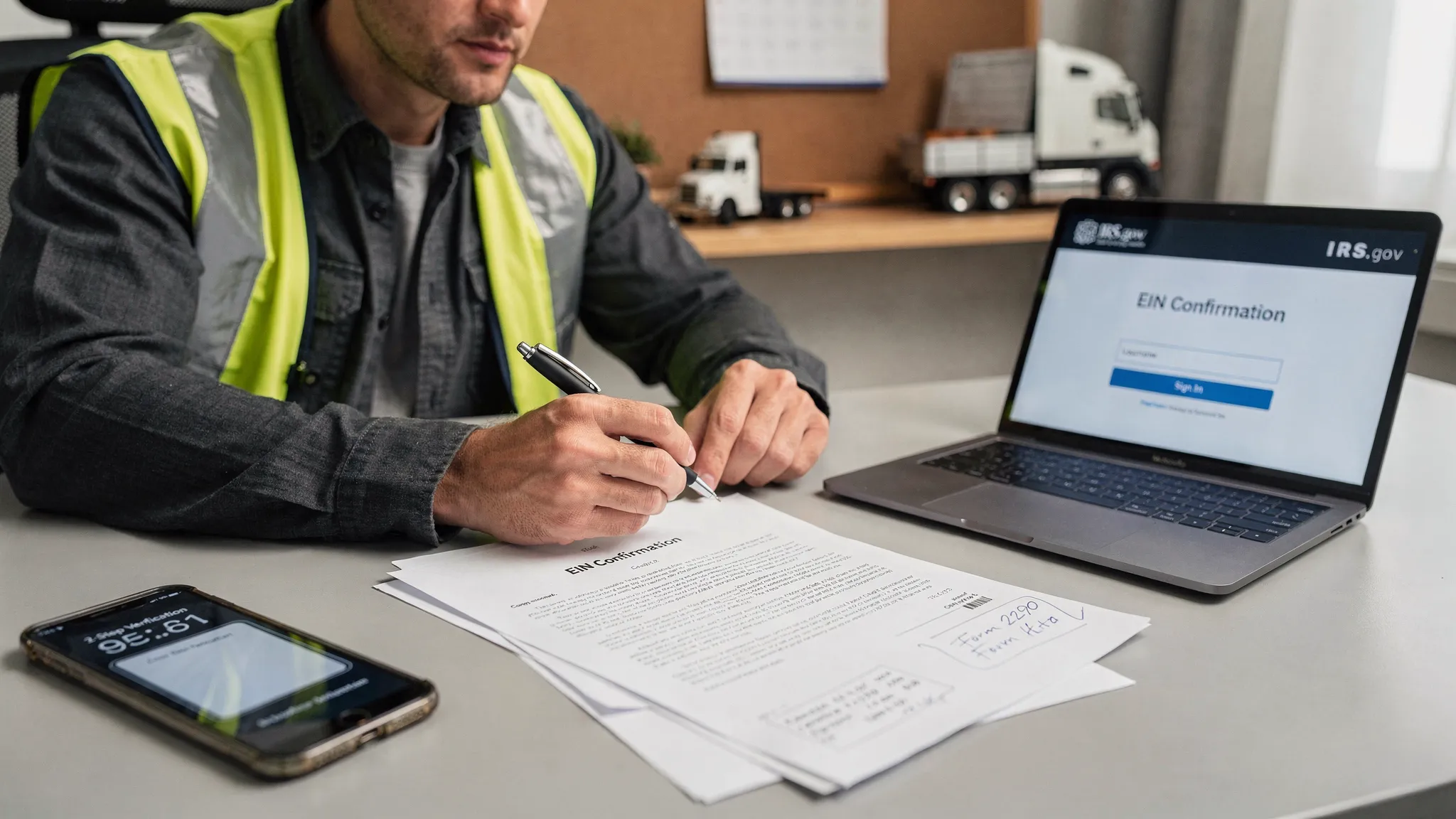 A truck owner at a desk with paperwork (EIN letter, Form 2290 notes) beside a smartphone showing a two-factor code screen, and a laptop open to an IRS.gov sign-in page, illustrating secure login preparation without showing any sensitive data.
