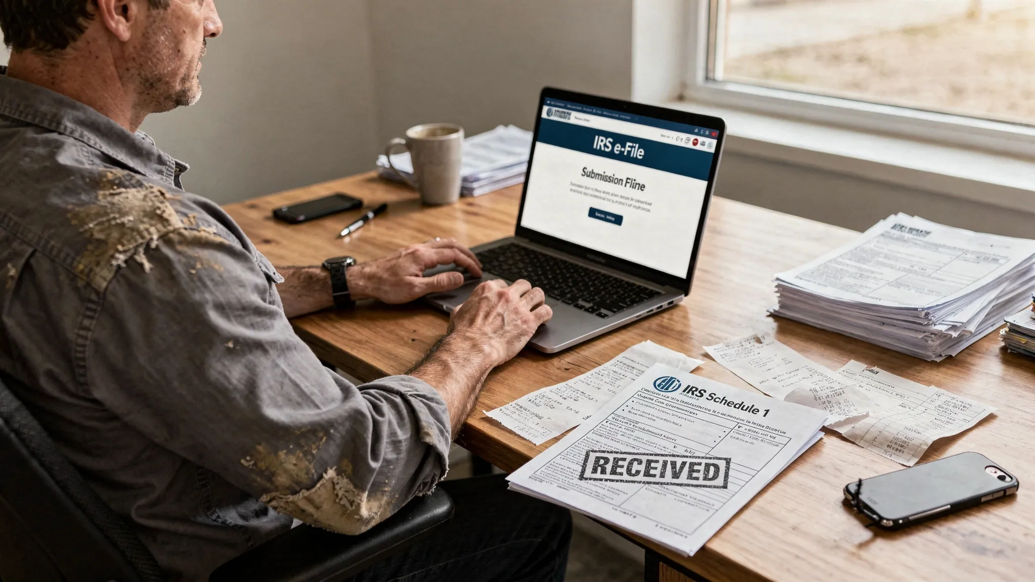 A truck owner at a desk with vehicle documents and a laptop open, reviewing an IRS e-file submission confirmation while a stamped Schedule 1 document is visible on the desk.