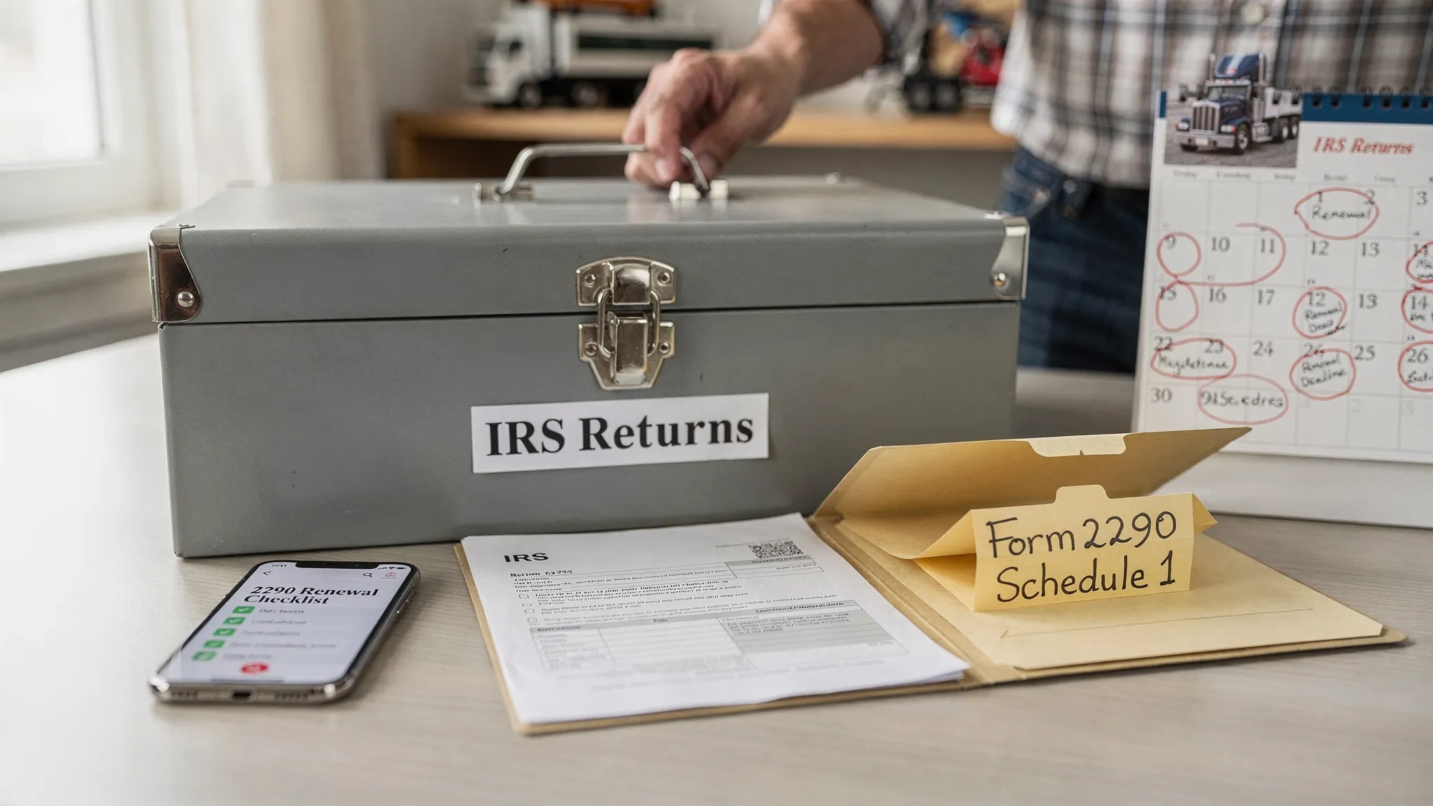A truck owner organizing tax documents: a locked file box labeled “IRS Returns” next to a separate folder labeled “Form 2290 Schedule 1,” with a phone showing a checklist (screen facing the viewer) and a calendar marked with renewal deadlines.