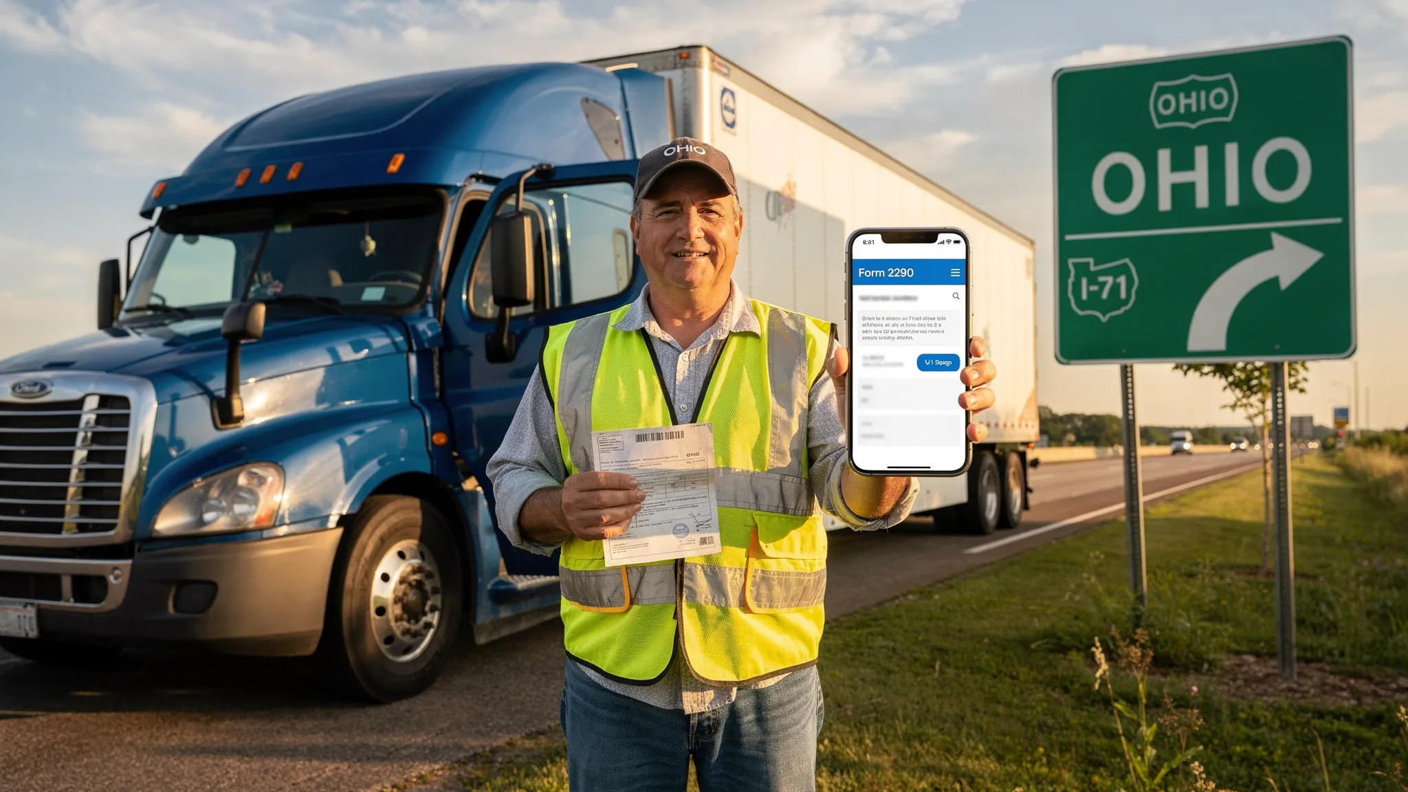 An Ohio-based semi truck parked near an Ohio highway sign while a driver reviews Form 2290 details on a phone and holds vehicle registration papers; the phone screen faces the viewer and shows no readable personal data.