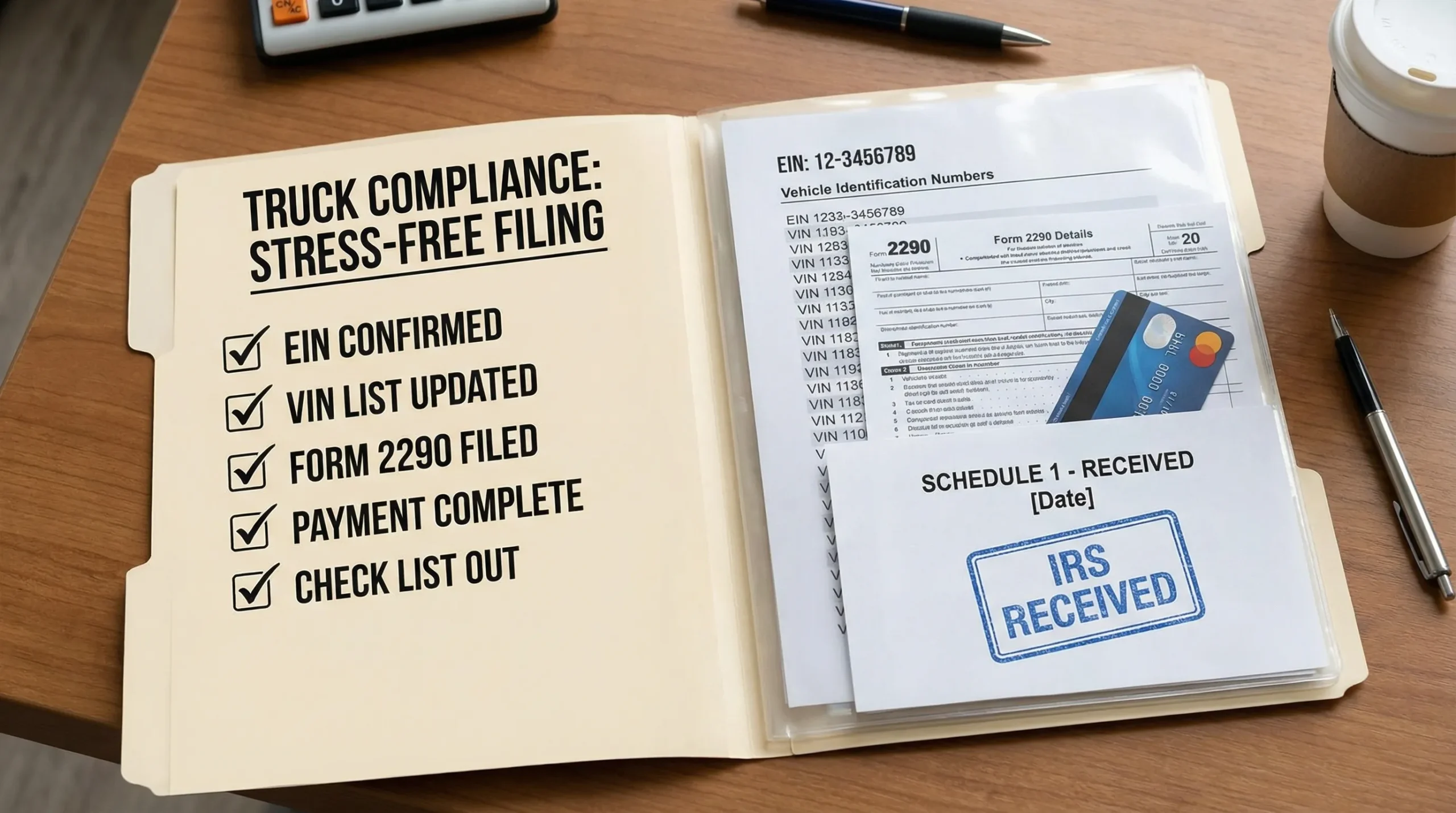 Checklist-style illustration of a truck compliance folder containing EIN, VIN list, Form 2290 details, payment method, and a stamped Schedule 1 document, emphasizing organized, stress-free filing.
