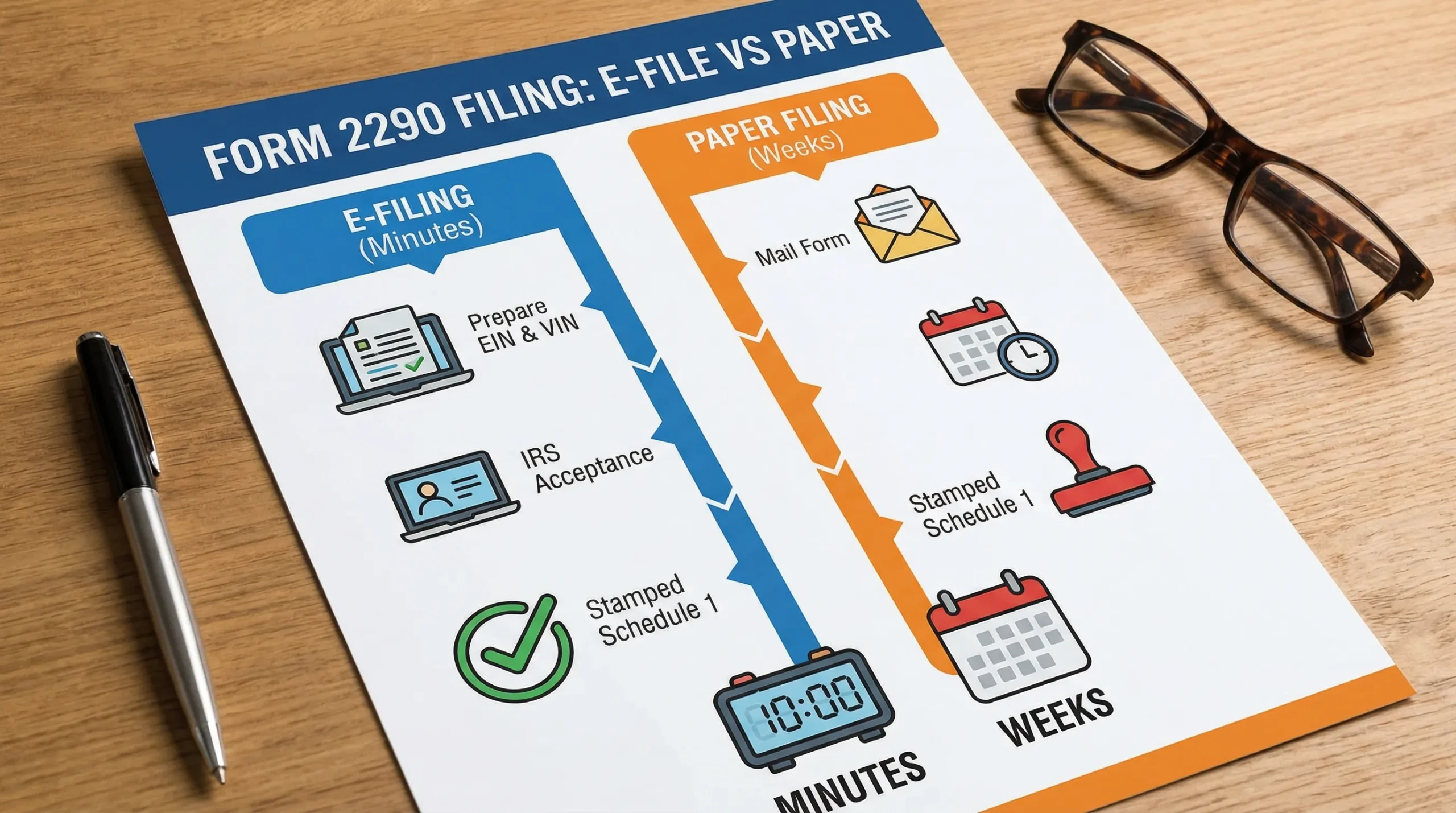 Simple timeline graphic comparing e-filing vs paper filing for Form 2290, showing steps from preparing EIN and VIN to IRS acceptance to receiving a stamped Schedule 1, with e-file taking minutes and paper taking weeks.