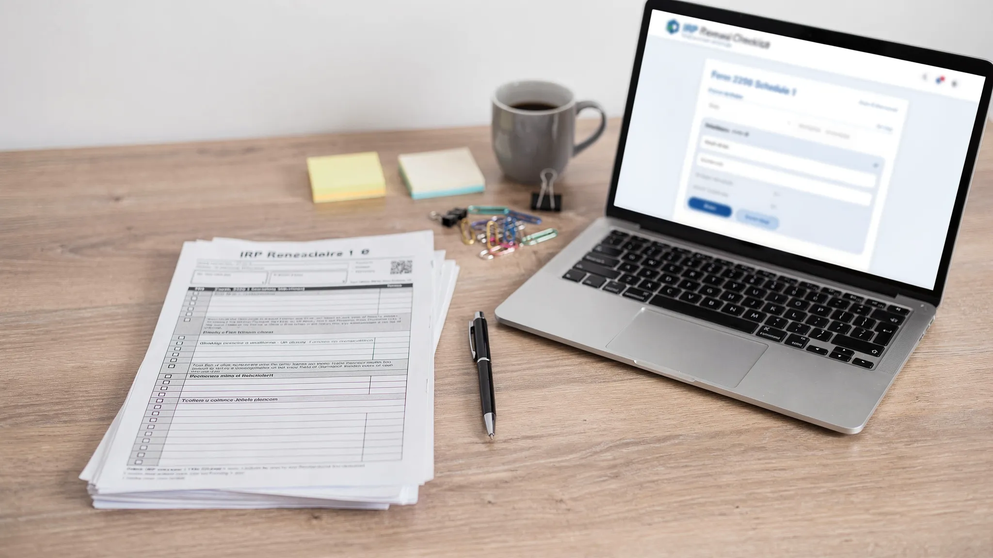 A fleet compliance desk scene with a printed IRP renewal checklist, a Form 2290 Schedule 1 document on top, and a laptop open to an online e-file portal; no readable text on the screen.