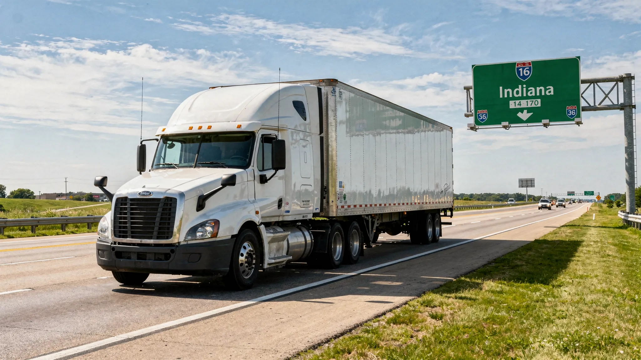 A highway semi truck driving on an Indiana interstate with a recognizable Indiana roadway sign in the background, conveying local trucking and compliance needs.