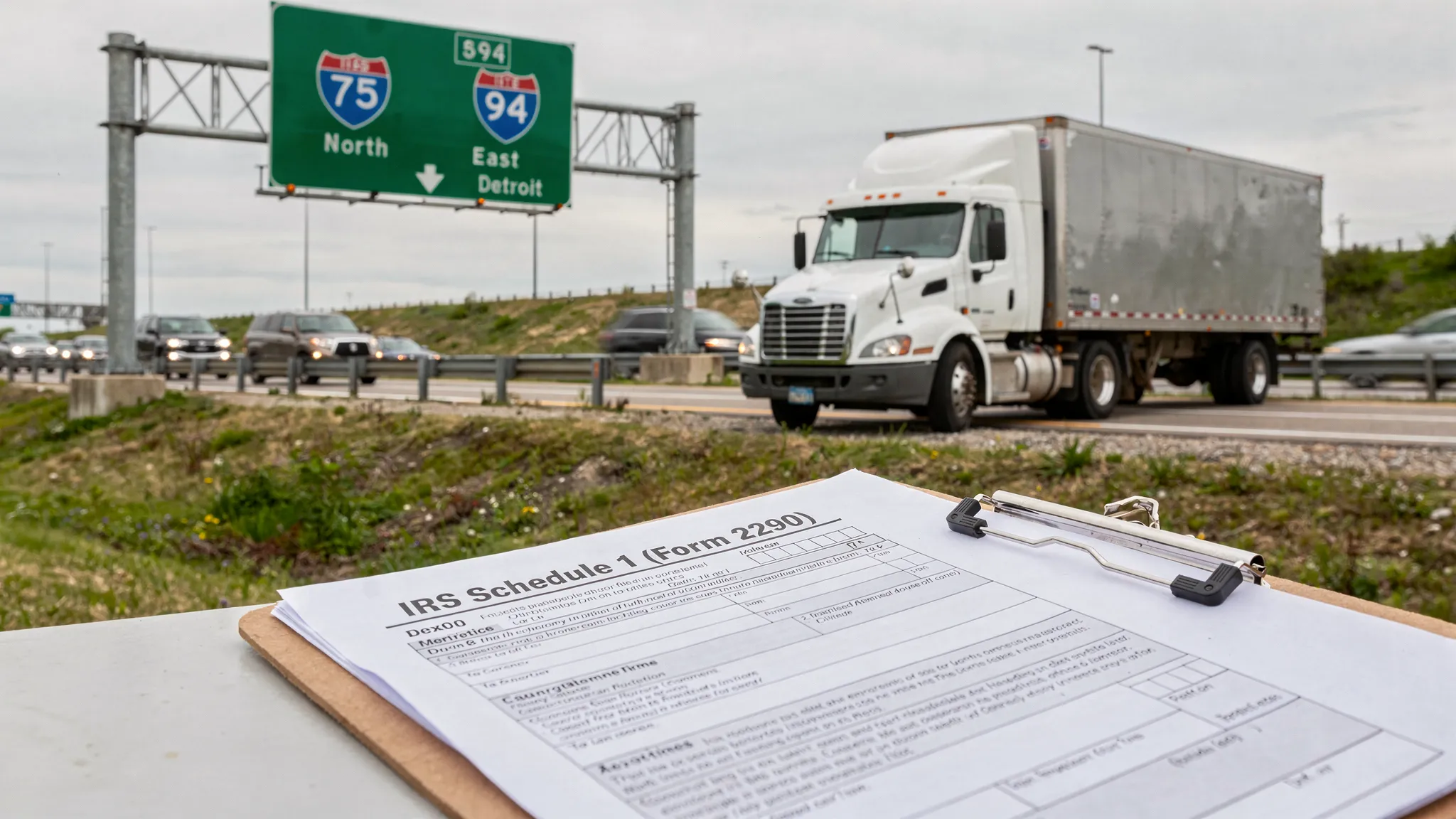 A Michigan-based semi truck parked near a highway sign for I-75 and I-94 with a printed “IRS Schedule 1 (Form 2290)” document shown in the foreground.