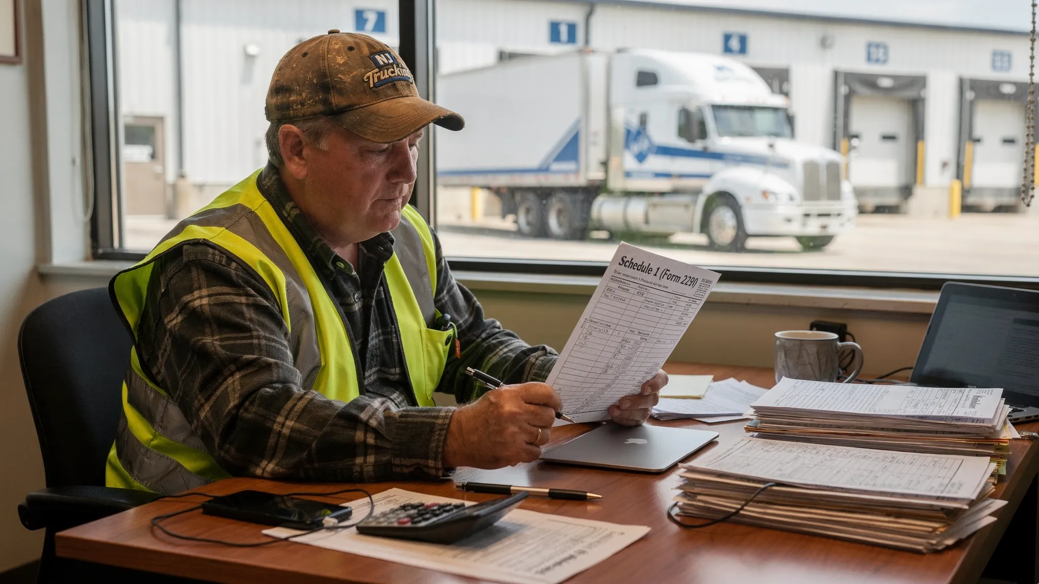 A New Jersey-based trucking owner-operator reviewing a printed IRS Schedule 1 next to vehicle paperwork on a desk, with a tractor-trailer visible outside a warehouse window.
