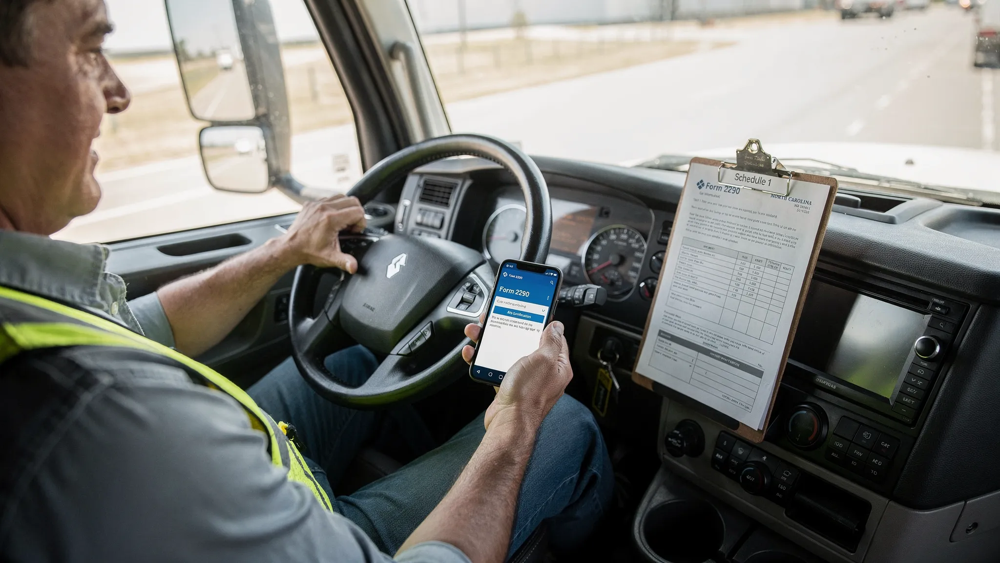 A North Carolina owner-operator in a semi truck cab holding a smartphone, reviewing a Form 2290 confirmation screen, with a printed Schedule 1 document on a clipboard beside the steering wheel.