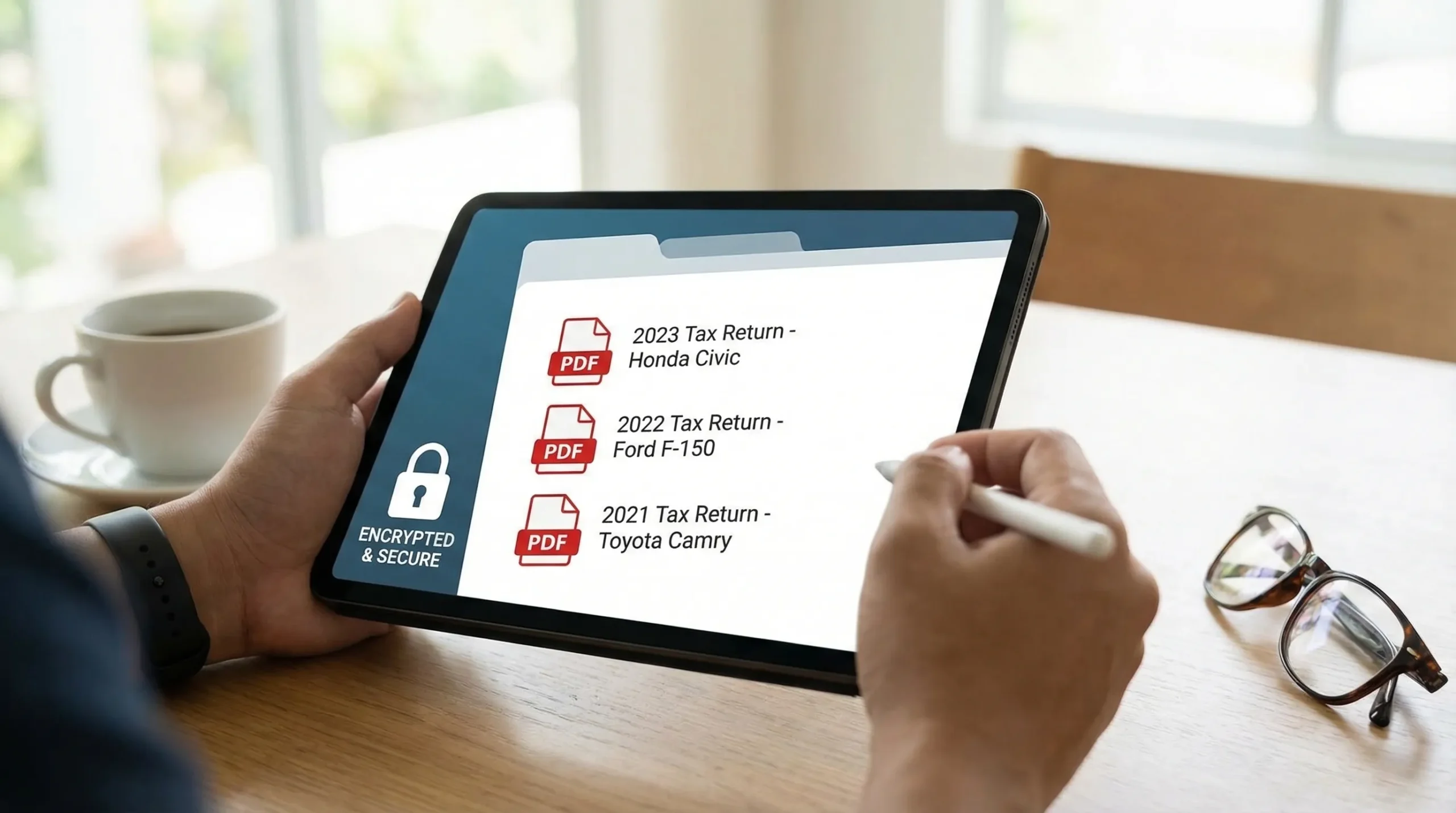 A secure digital folder interface concept showing organized tax PDFs labeled by year and vehicle, with a lock icon representing encryption and secure storage.