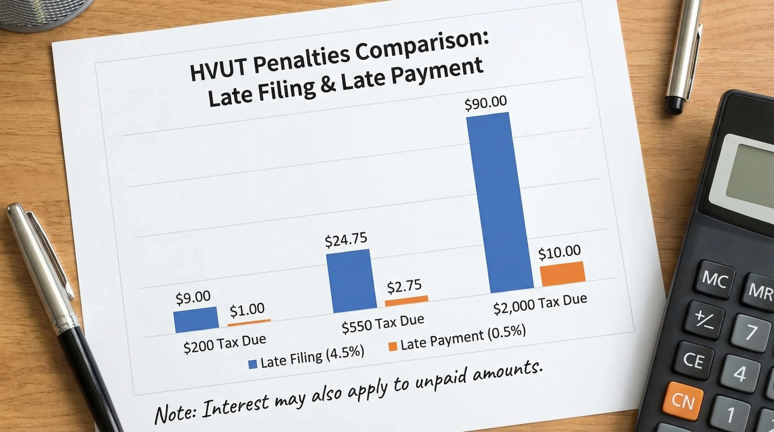 A simple bar chart comparing HVUT penalties for $200, $550, and $2,000 tax due, showing late filing (4.5%) and late payment (0.5%) portions side by side, with a note that interest may apply.