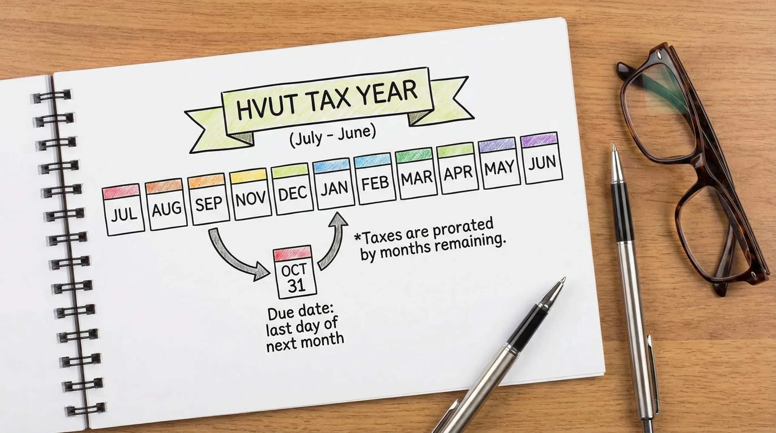 A simple calendar graphic showing the HVUT tax year from July through June, with arrows from “First Used Month” to “Due date: last day of next month,” plus a note that taxes are prorated by months remaining.