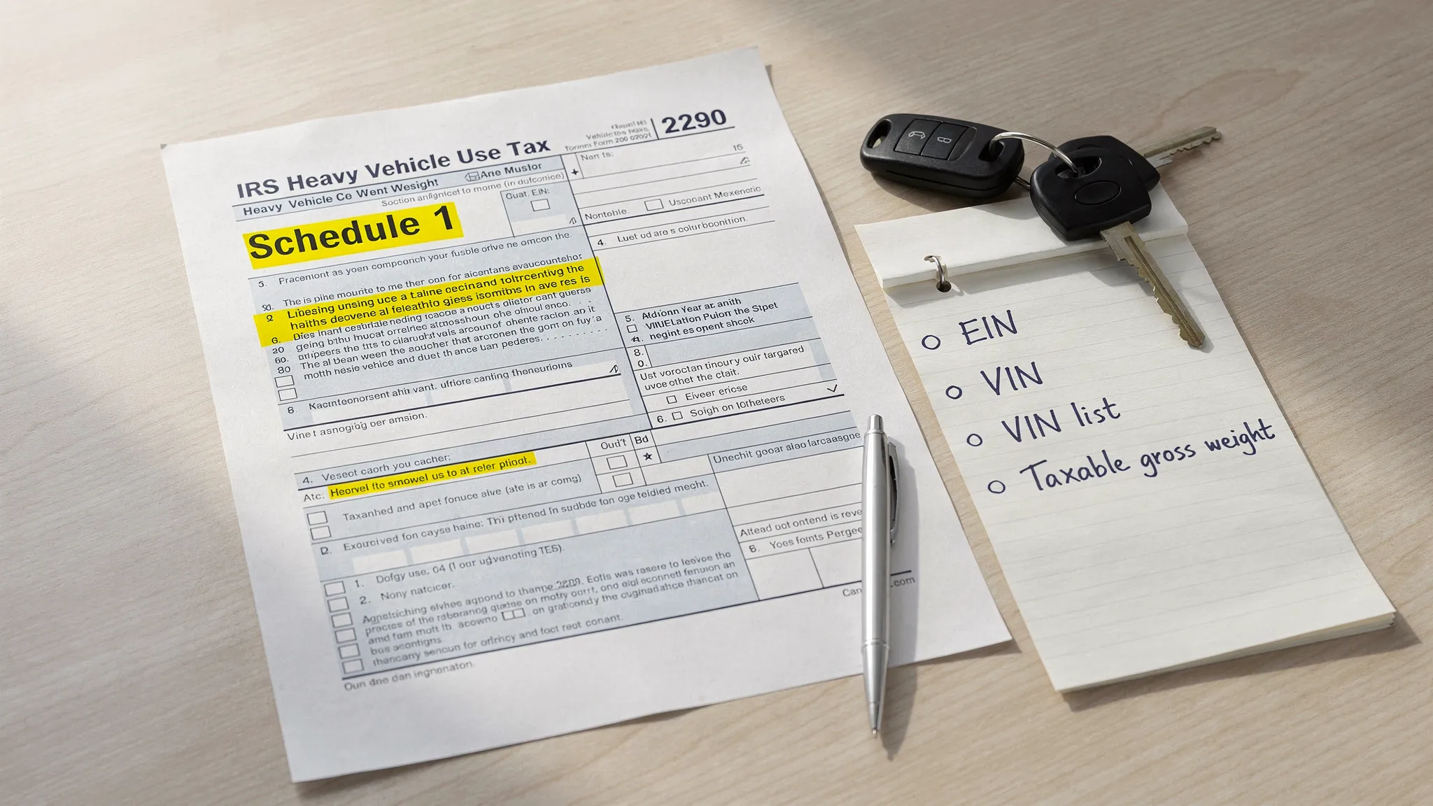A simple checklist-style scene showing Form 2290 filing essentials: EIN, VIN list, taxable gross weight notes, and “Schedule 1” highlighted on a printed document beside truck keys.