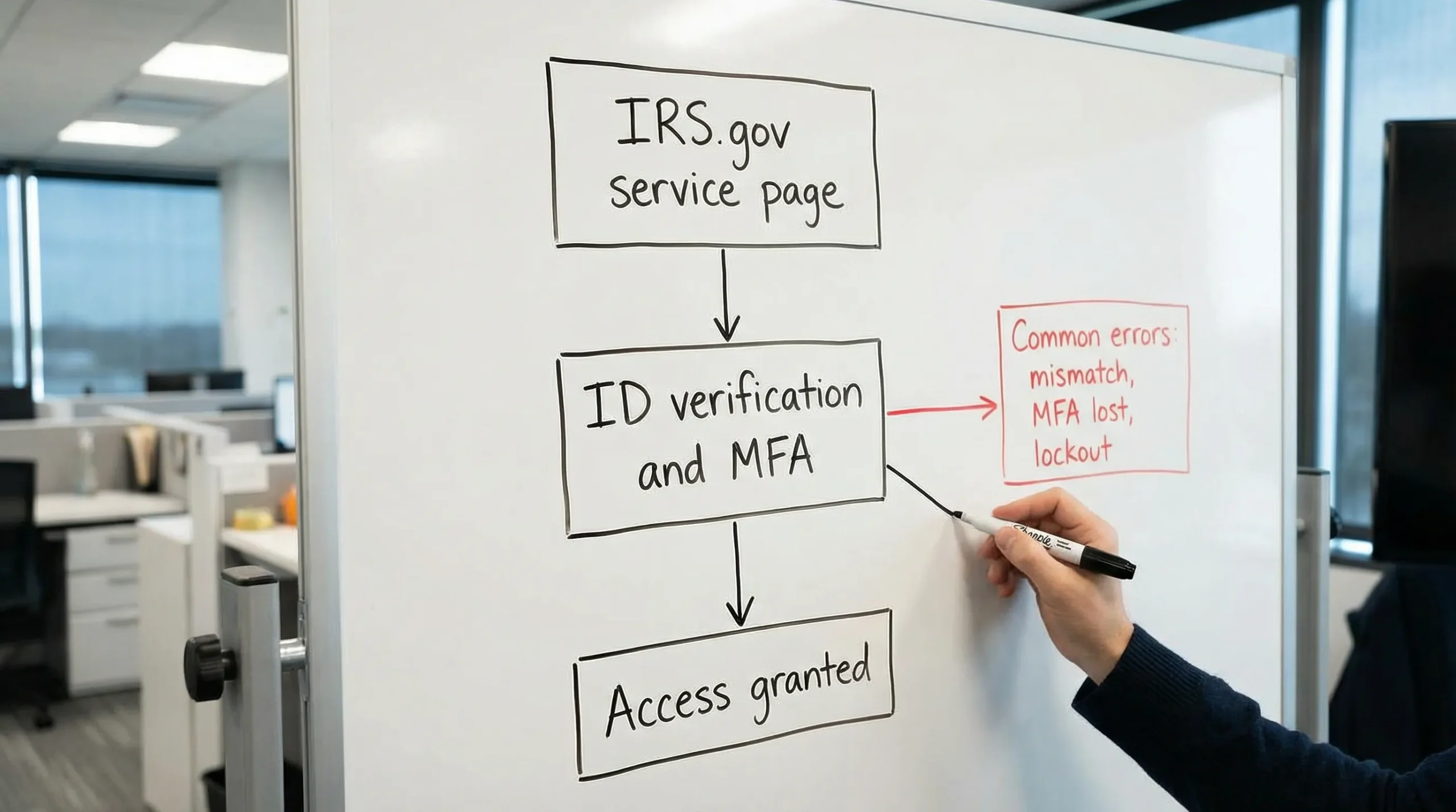 A simple flow diagram showing “IRS.gov service page” leading to “ID verification and MFA” and then to “Access granted,” with a side branch labeled “Common errors: mismatch, MFA lost, lockout.”