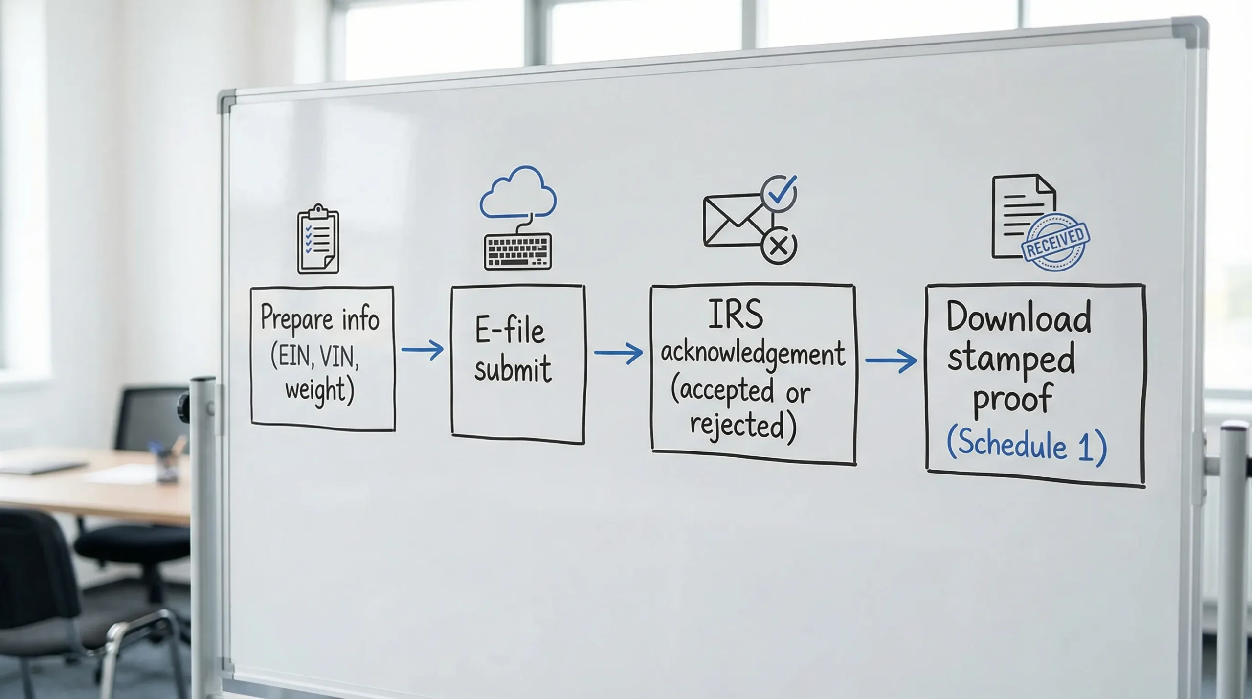 A simple flow diagram with four labeled steps: Prepare info (EIN, VIN, weight), E-file submit, IRS acknowledgement (accepted or rejected), Download stamped proof (Schedule 1).