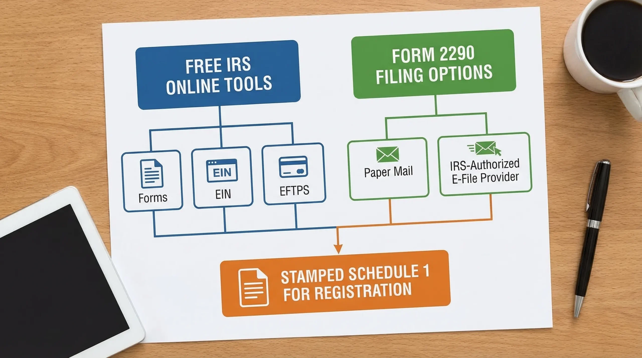 A simple flowchart infographic showing “Free IRS online tools” (forms, EIN, EFTPS) versus “Form 2290 filing options” (paper mail vs IRS-authorized e-file provider), ending with “Stamped Schedule 1 for registration.”