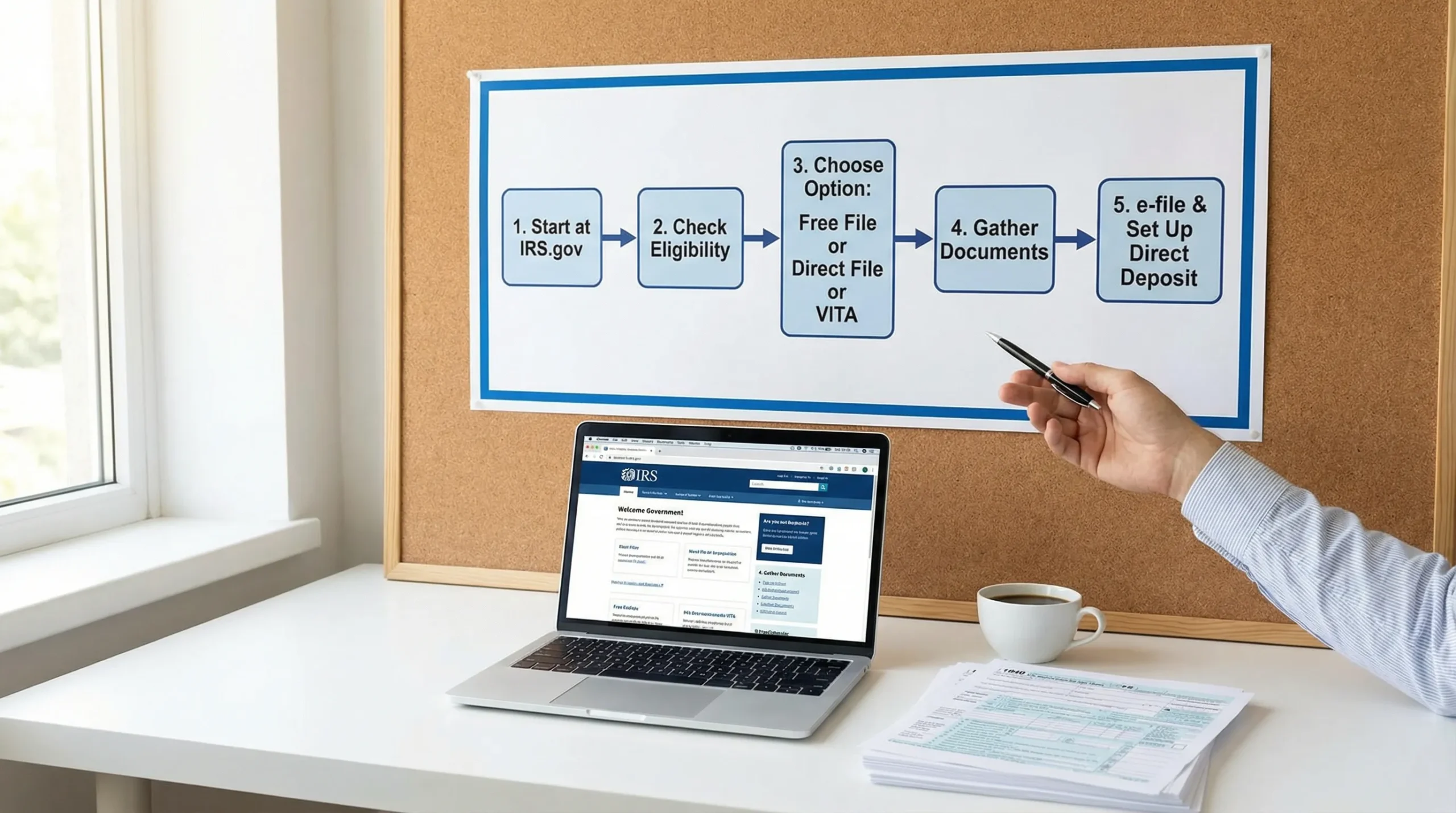 A simple flowchart showing five steps for free tax filing: start at IRS.gov, check eligibility, choose Free File or Direct File or VITA, gather documents, e-file and set up direct deposit.