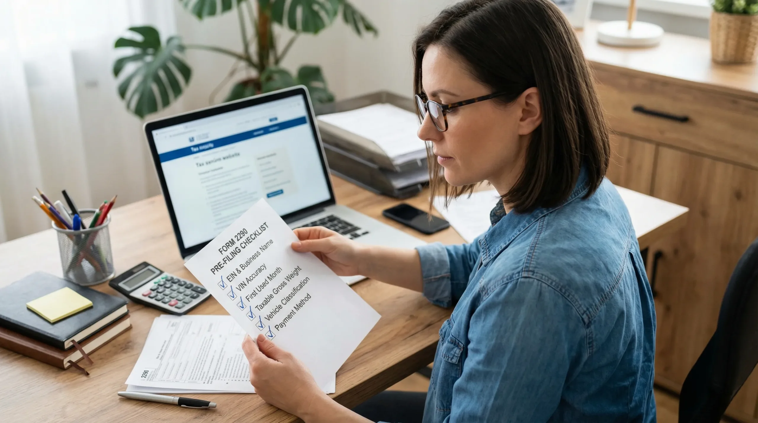 A simple pre-filing checklist for Form 2290 showing key fields to verify: EIN and business name match, VIN accuracy, first used month, taxable gross weight, vehicle classification, and payment method.