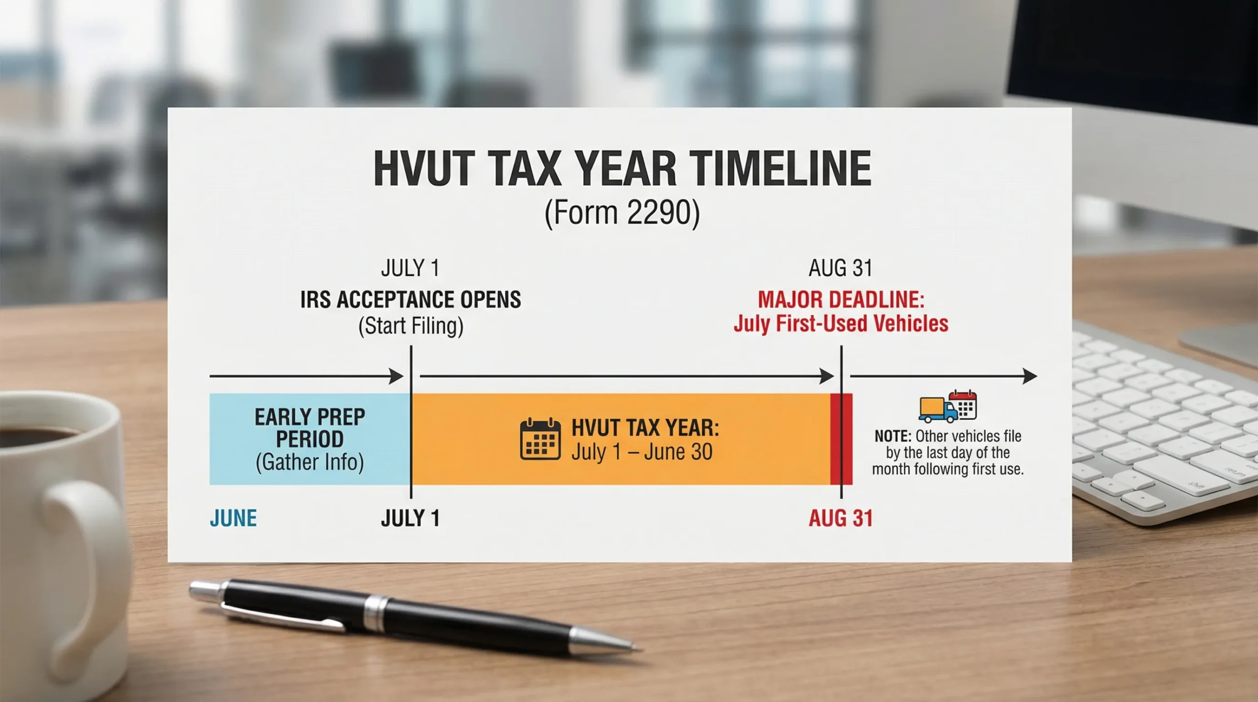 A simple timeline graphic showing the HVUT tax year (July 1 to June 30), the early preparation period in June, IRS acceptance opening around July 1, and the major deadline for July first-used vehicles at the end of August, with a note that other vehicles follow a month-after-first-use rule.