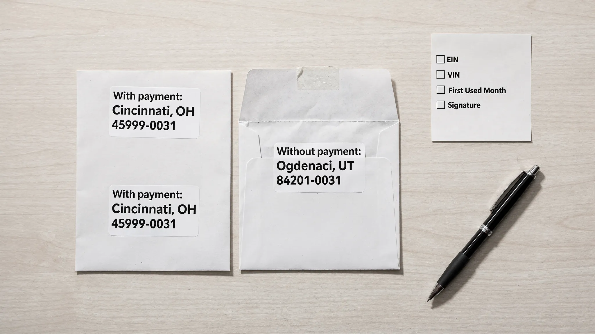 A simple visual showing two addressed envelopes labeled “With payment: Cincinnati, OH 45999-0031” and “Without payment: Ogden, UT 84201-0031,” plus a small checklist beside them for EIN, VIN, First Used Month, and signature.