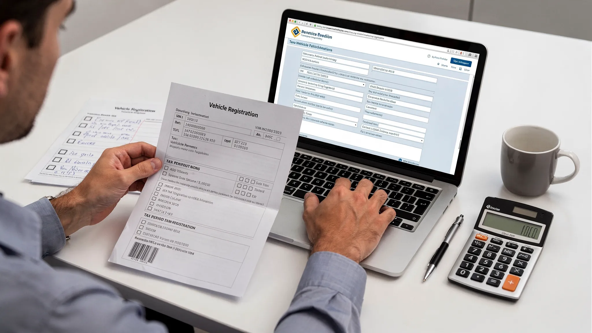 A truck owner at a desk reviewing a vehicle registration document while entering VIN and tax period details into an online tax form on a laptop, with a checklist and calculator beside the laptop.