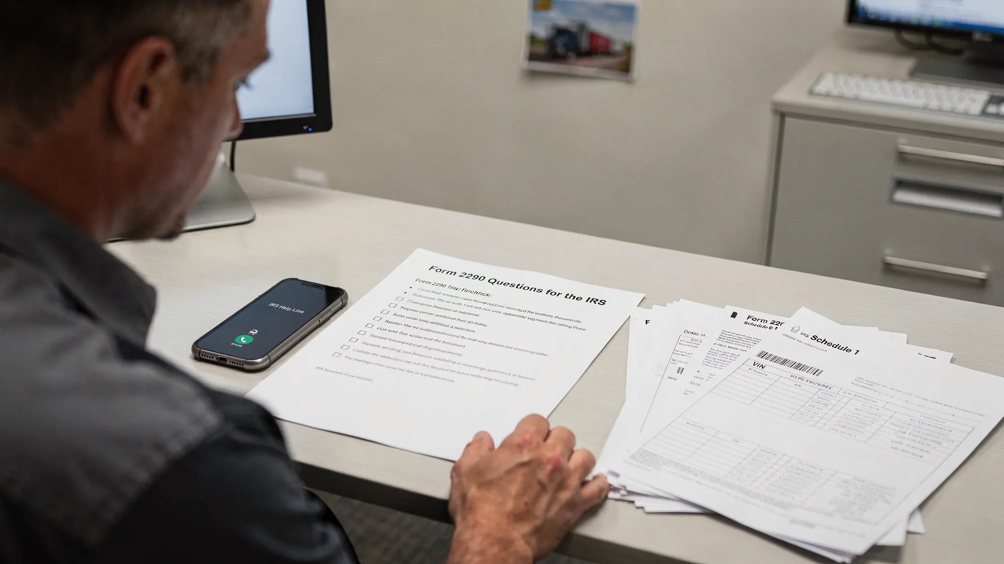 A truck owner at a desk with a printed checklist labeled “Form 2290 Questions for the IRS,” a phone, and vehicle documents including a VIN plate reference and a Schedule 1 sample.