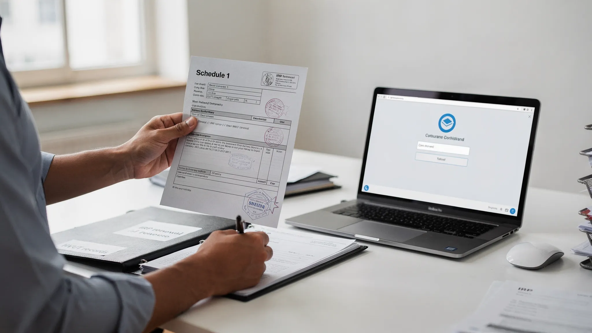 A truck owner holding a printed stamped Schedule 1 next to a folder labeled IRP renewal and HVUT records, with a laptop nearby showing a confirmation screen (screen facing the viewer, no readable text).