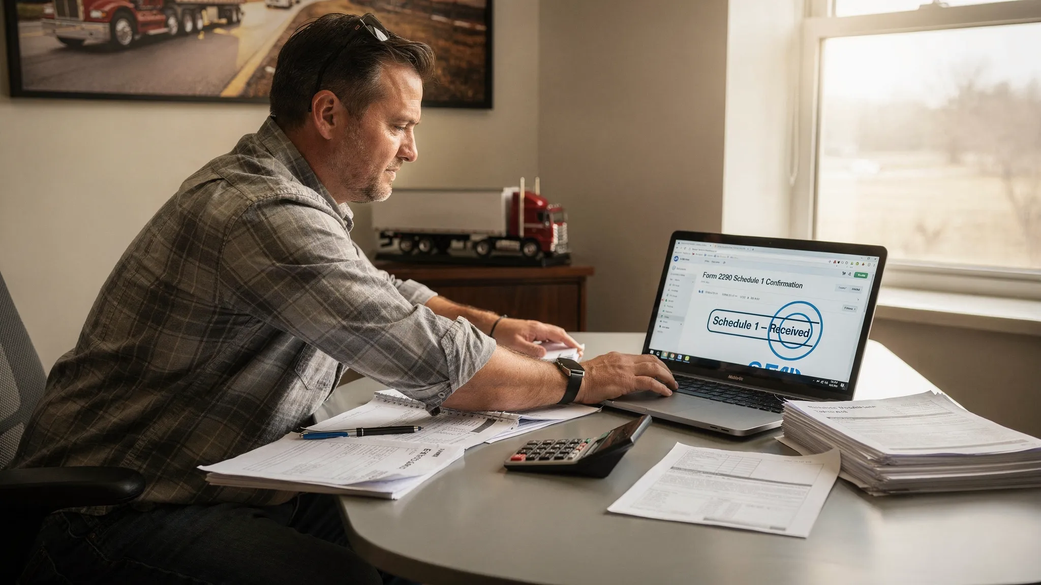 A truck owner-operator sitting at a desk with trucking paperwork and a laptop open, reviewing vehicle details (EIN, VIN, taxable weight) and receiving a stamped Schedule 1 confirmation email.