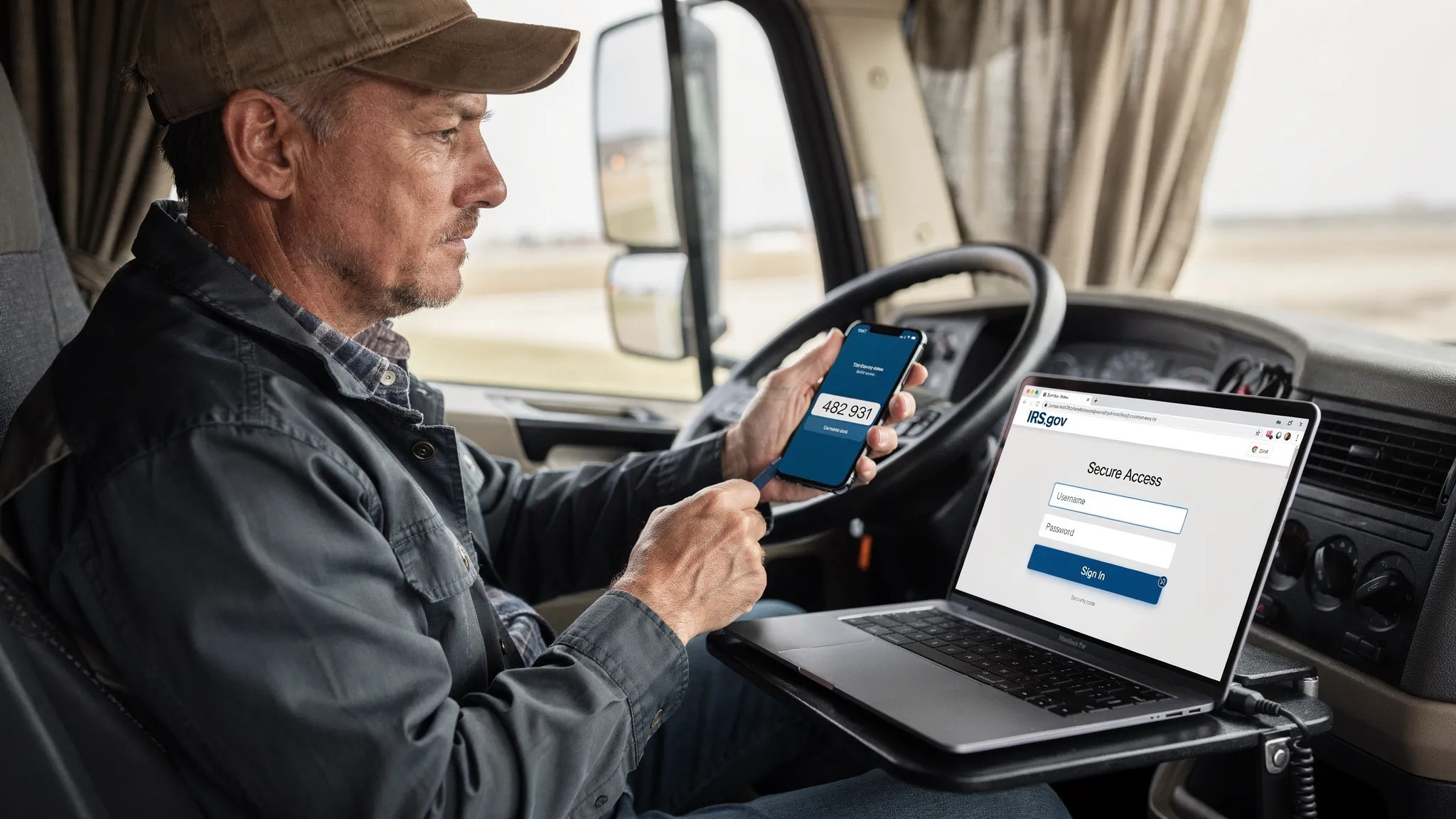 A truck owner-operator sitting in a cab with a laptop open, carefully typing credentials on an IRS.gov login page, with a phone showing a two-factor authentication code. The scene emphasizes secure sign-in and privacy.