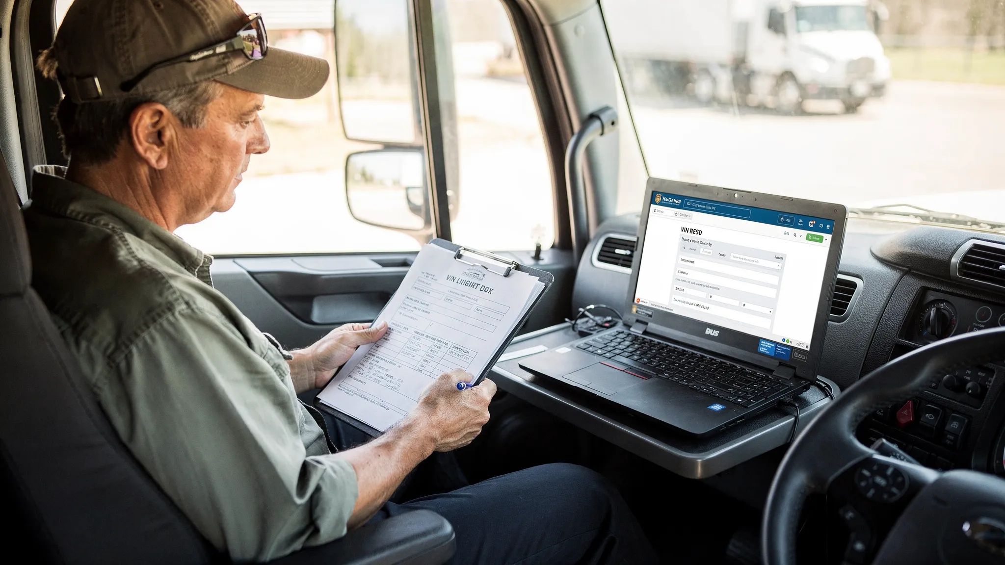 A truck owner-operator sitting in a semi truck cab with a clipboard and vehicle paperwork (VIN plate, registration documents) beside a laptop that is open and facing the driver, preparing to e-file a tax form.