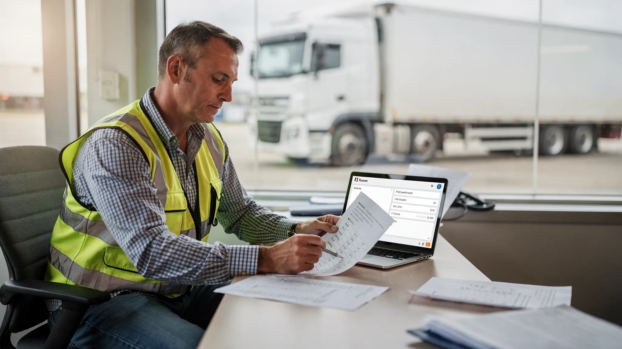 Un conductor de camión en una oficina o cabina, revisando datos del vehículo (VIN, peso, mes de primer uso) en una hoja impresa mientras usa una laptop abierta, con un camión semirremolque estacionado al fondo.
