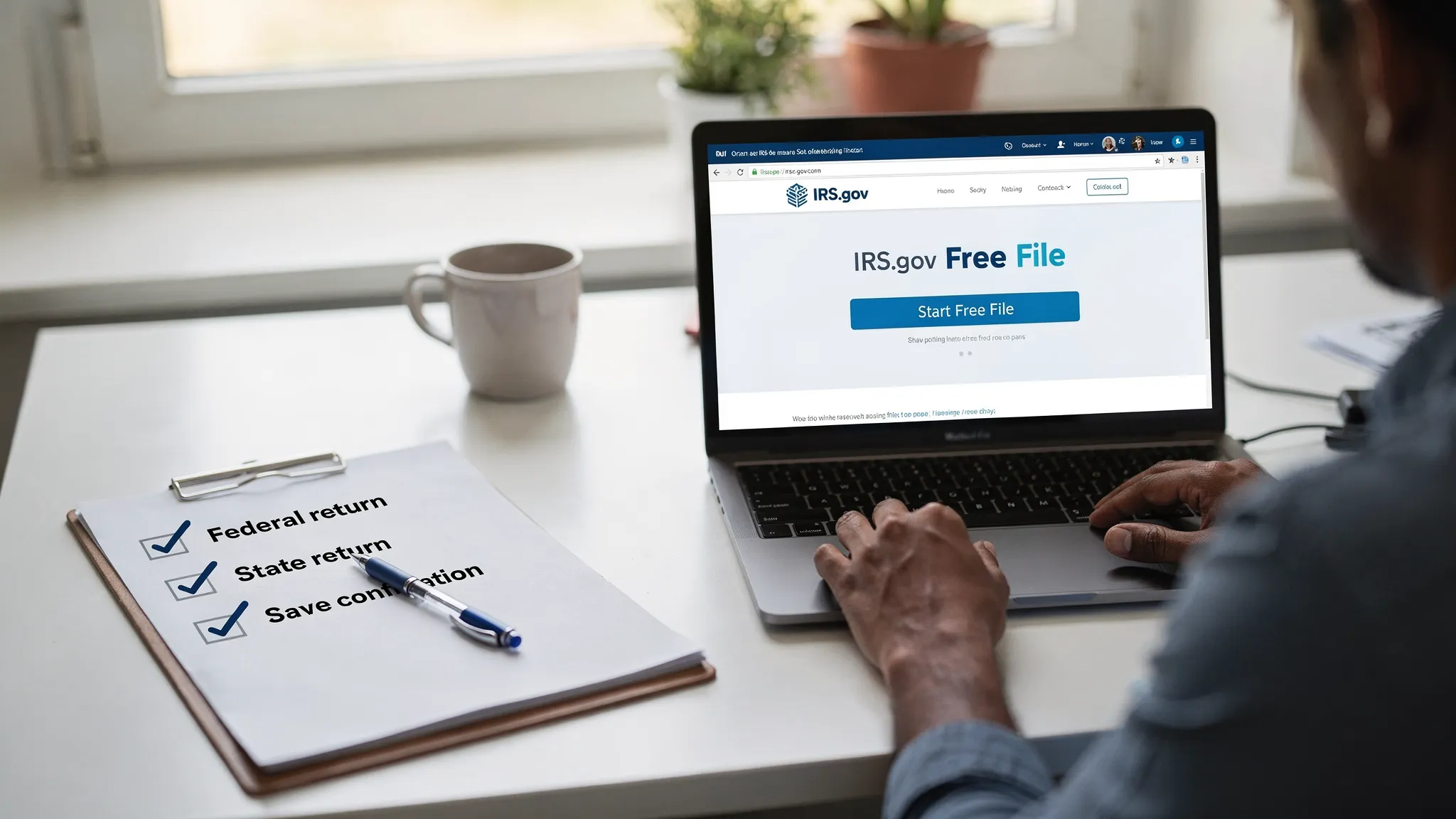 A clear illustration of a taxpayer using a laptop on the official IRS.gov Free File page, with a visible “Start Free File” button and a checklist nearby showing “Federal return,” “State return,” and “Save confirmation.”
