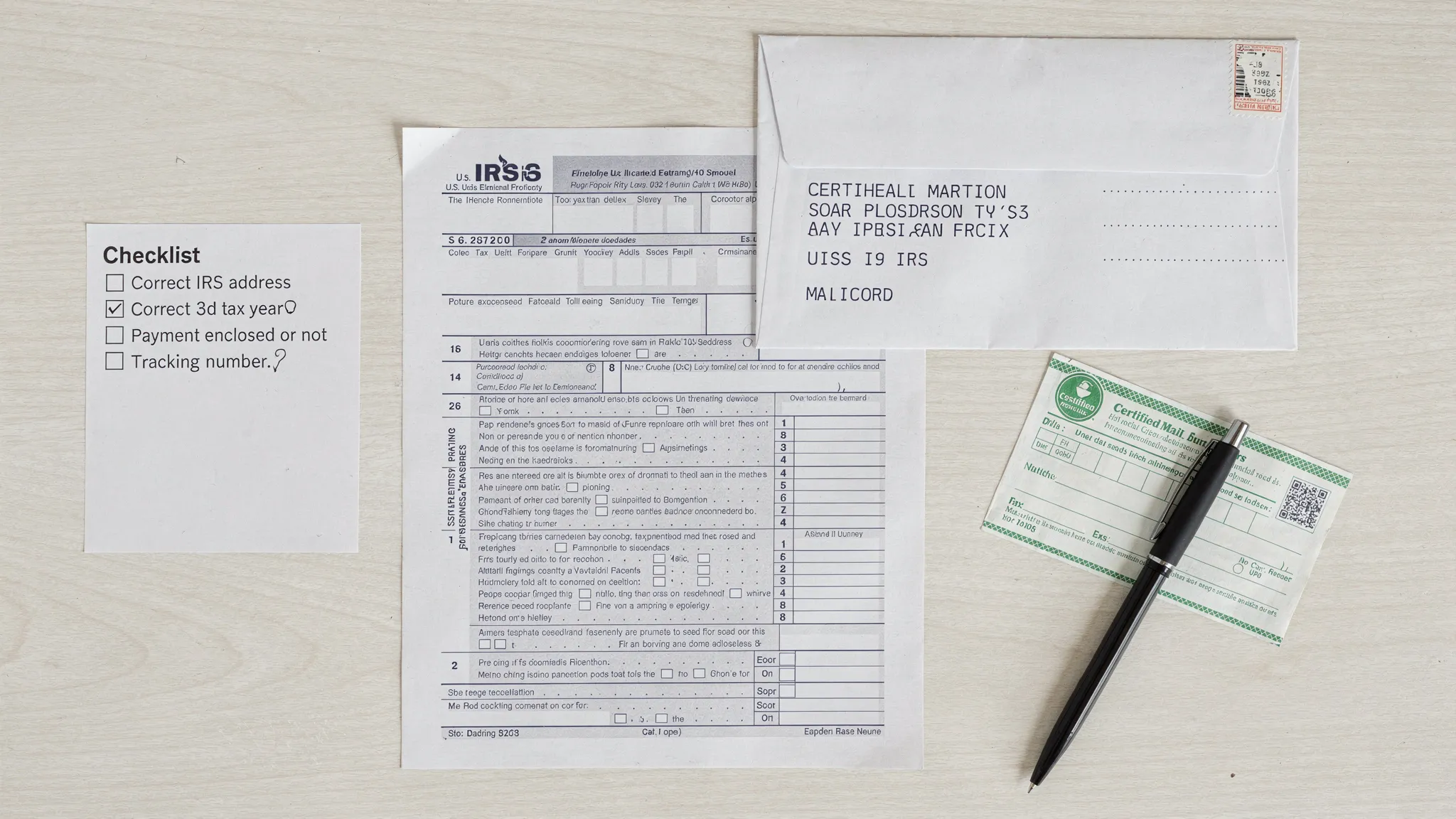 A flat-lay of a tax return mailing setup: a printed tax form, an addressed envelope, a checklist labeled “Correct IRS address, correct tax year, payment enclosed or not, tracking number,” and a certified mail receipt placed beside a pen.