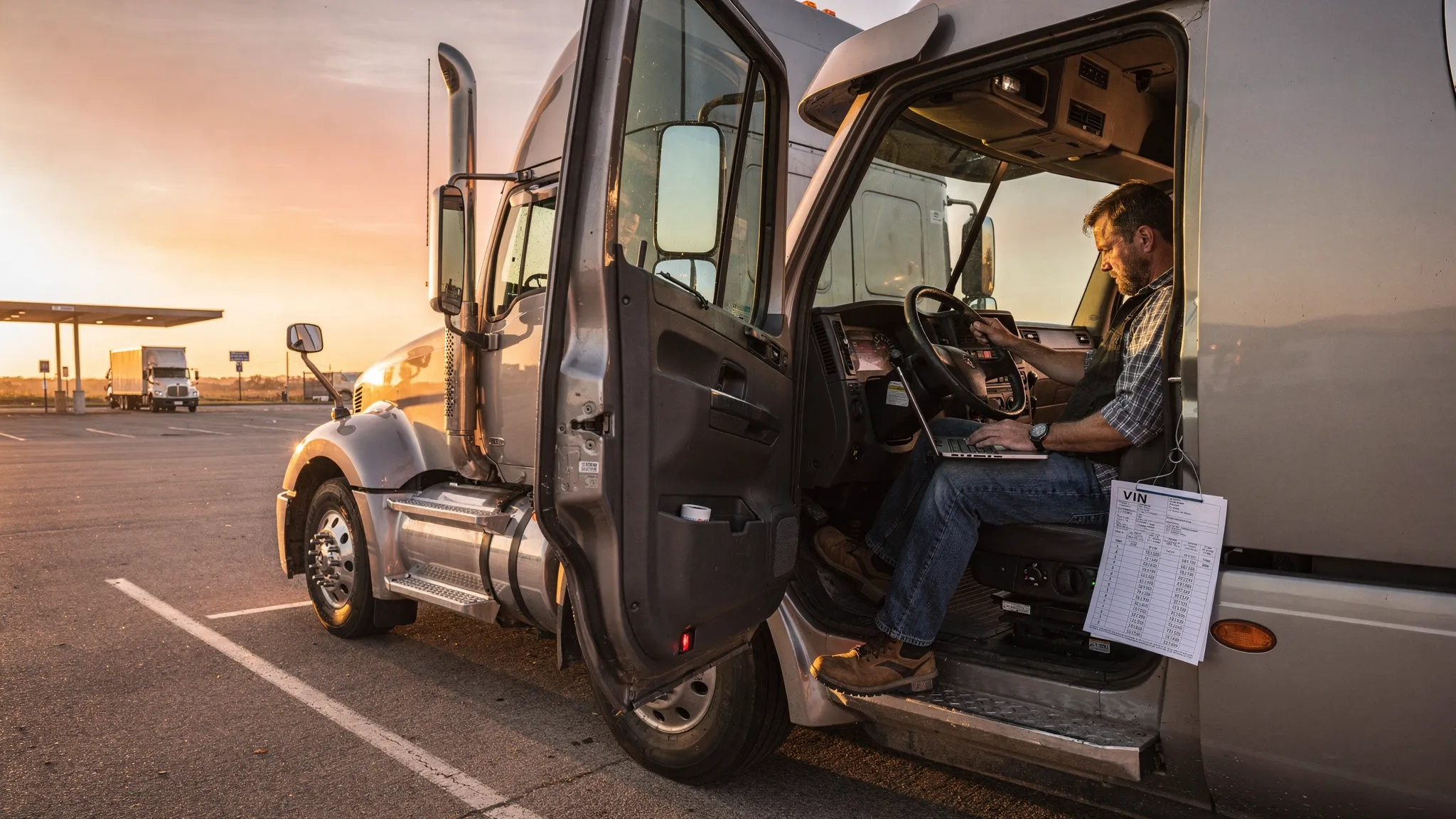 A long‑haul truck parked at a rest stop at sunrise, with an owner‑operator in the cab using a laptop to e‑file Form 2290. The laptop screen is facing the driver and not visible to the viewer. Papers with a VIN list sit on the passenger seat.