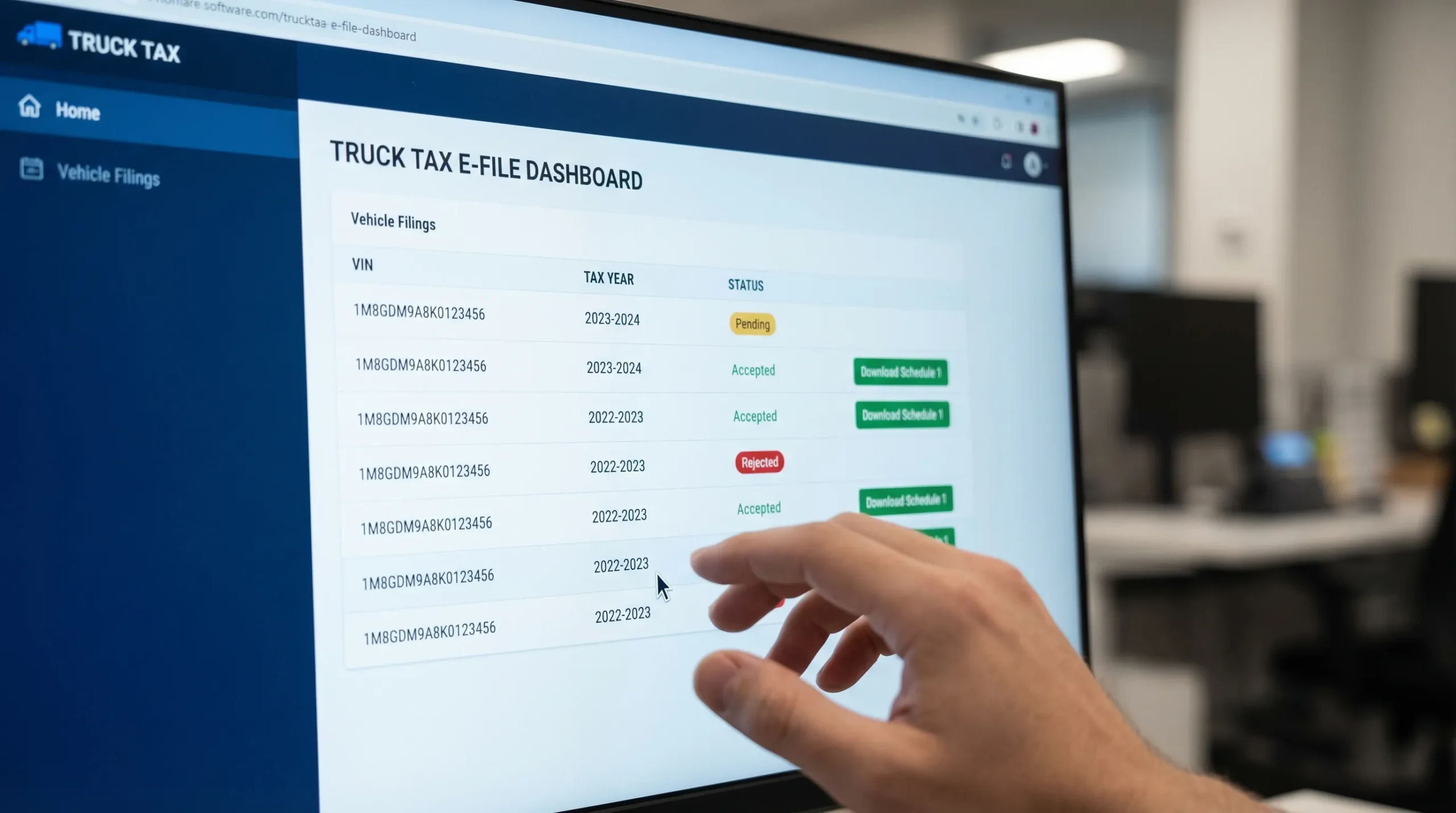 A realistic illustration of a truck tax e-file dashboard showing a list of Form 2290 filings with columns for VIN, tax year, and status labels “Pending,” “Accepted,” and “Rejected,” plus a “Download Schedule 1” button next to accepted filings. The screen is front-facing and the background is neutral.