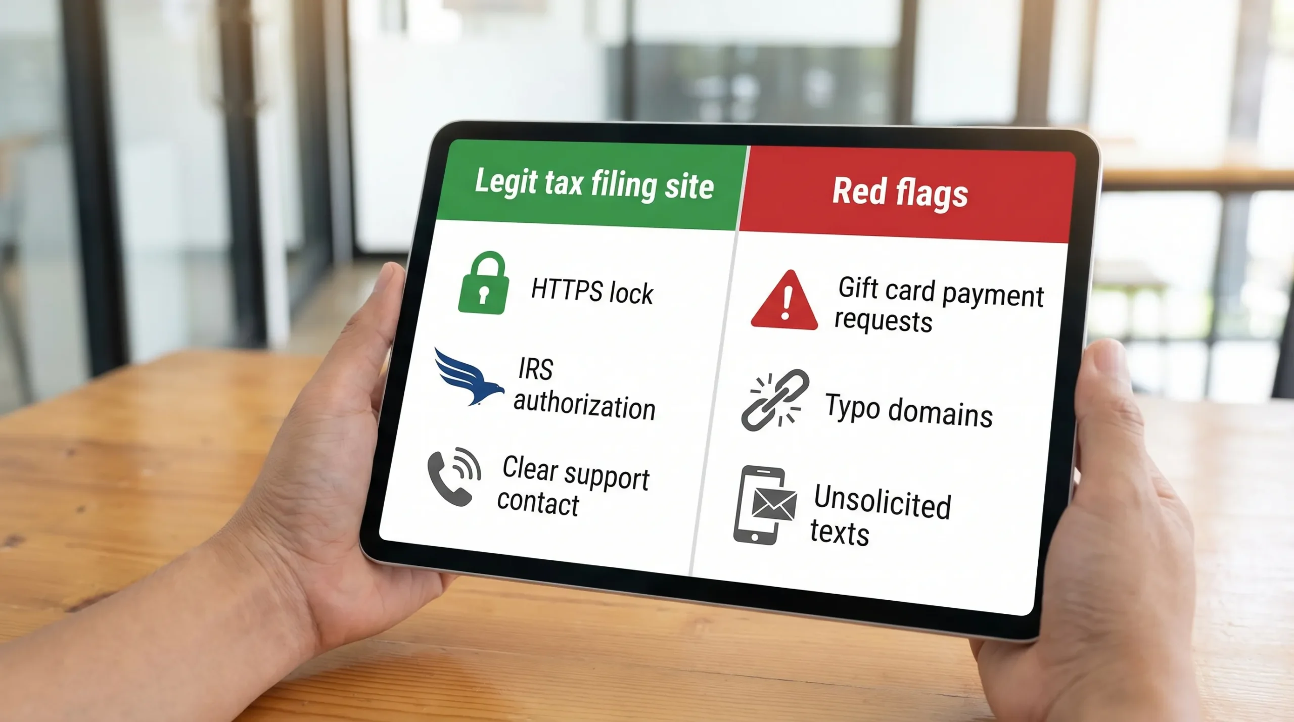 A simple comparison graphic showing “Legit tax filing site” vs “Red flags,” including icons for HTTPS lock, IRS authorization, clear support contact, and warning icons for gift card payment requests, typo domains, and unsolicited texts.