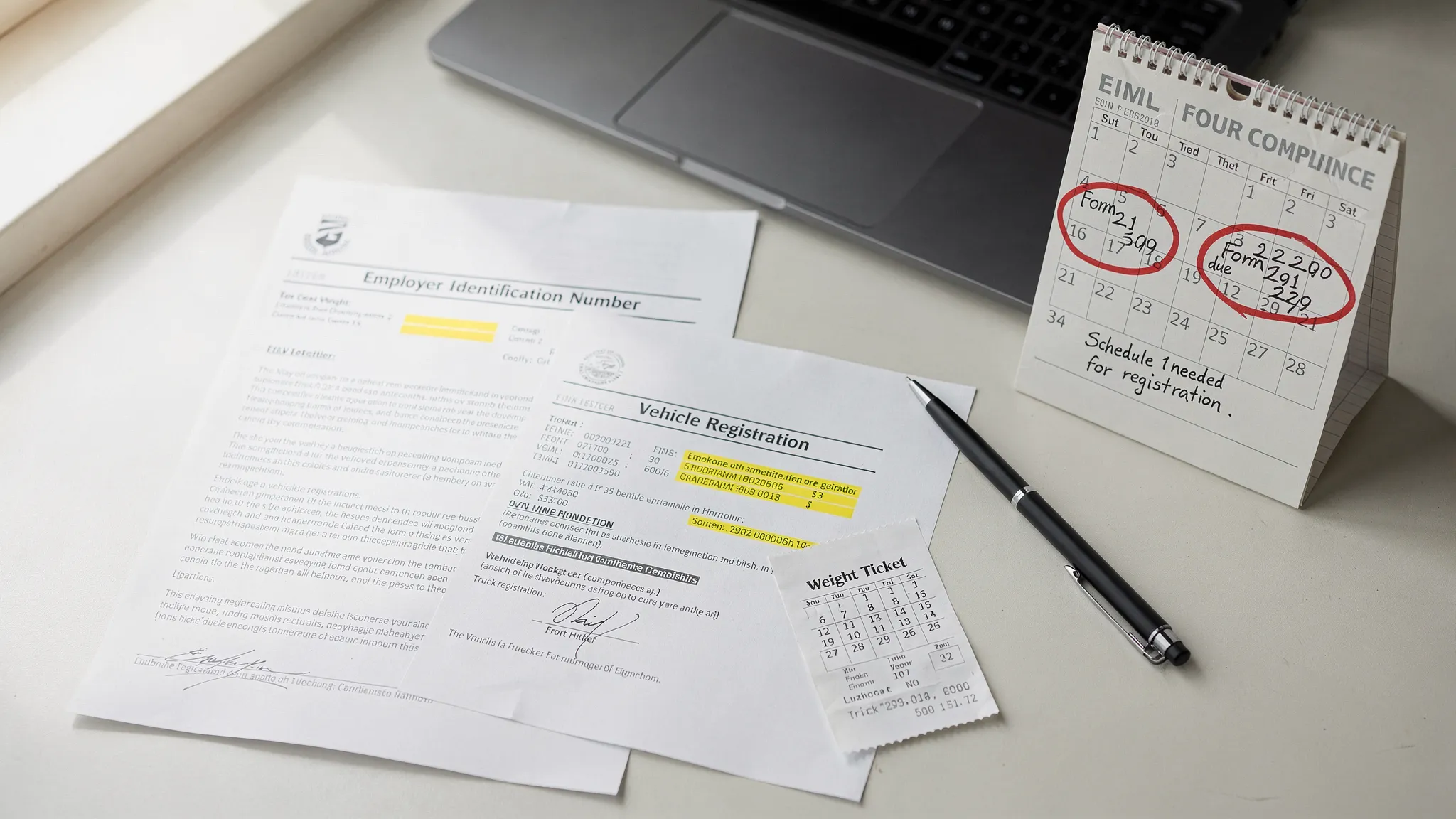 A simple desk scene showing a trucking compliance checklist: EIN letter, vehicle registration with VIN highlighted, a weight ticket, and a calendar marked with “Form 2290 due” and “Schedule 1 needed for registration”.