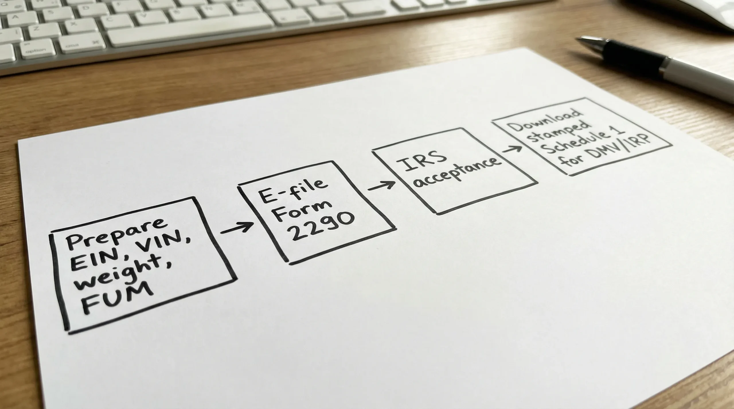 A simple flow diagram with four boxes: “Prepare EIN, VIN, weight, FUM” → “E-file Form 2290” → “IRS acceptance” → “Download stamped Schedule 1 for DMV/IRP”.