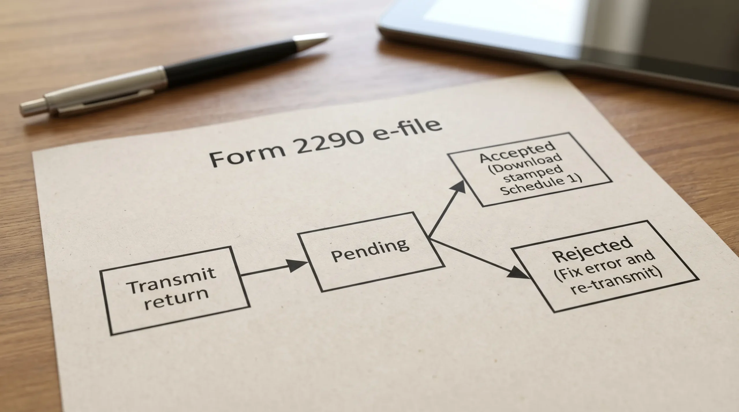 A simple flowchart showing the Form 2290 e-file status path: “Transmit return” leading to “Pending,” then branching to “Accepted (Download stamped Schedule 1)” or “Rejected (Fix error and re-transmit).” The diagram uses clear labels and minimal boxes.