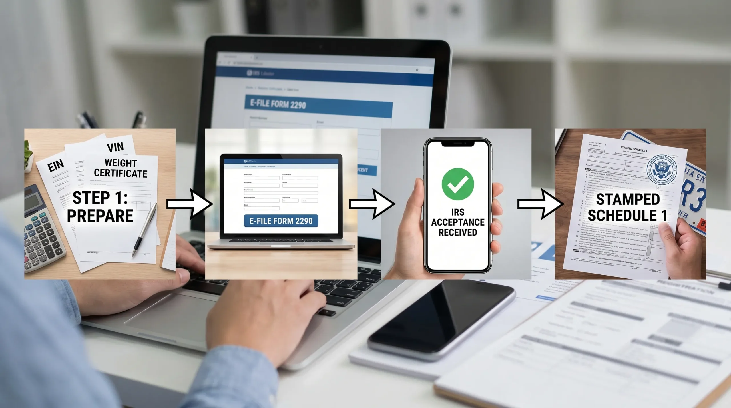 A simple four-step flow showing: Prepare EIN/VIN/weight, E-file Form 2290, IRS acceptance, Download stamped Schedule 1 for DMV/IRP registration.