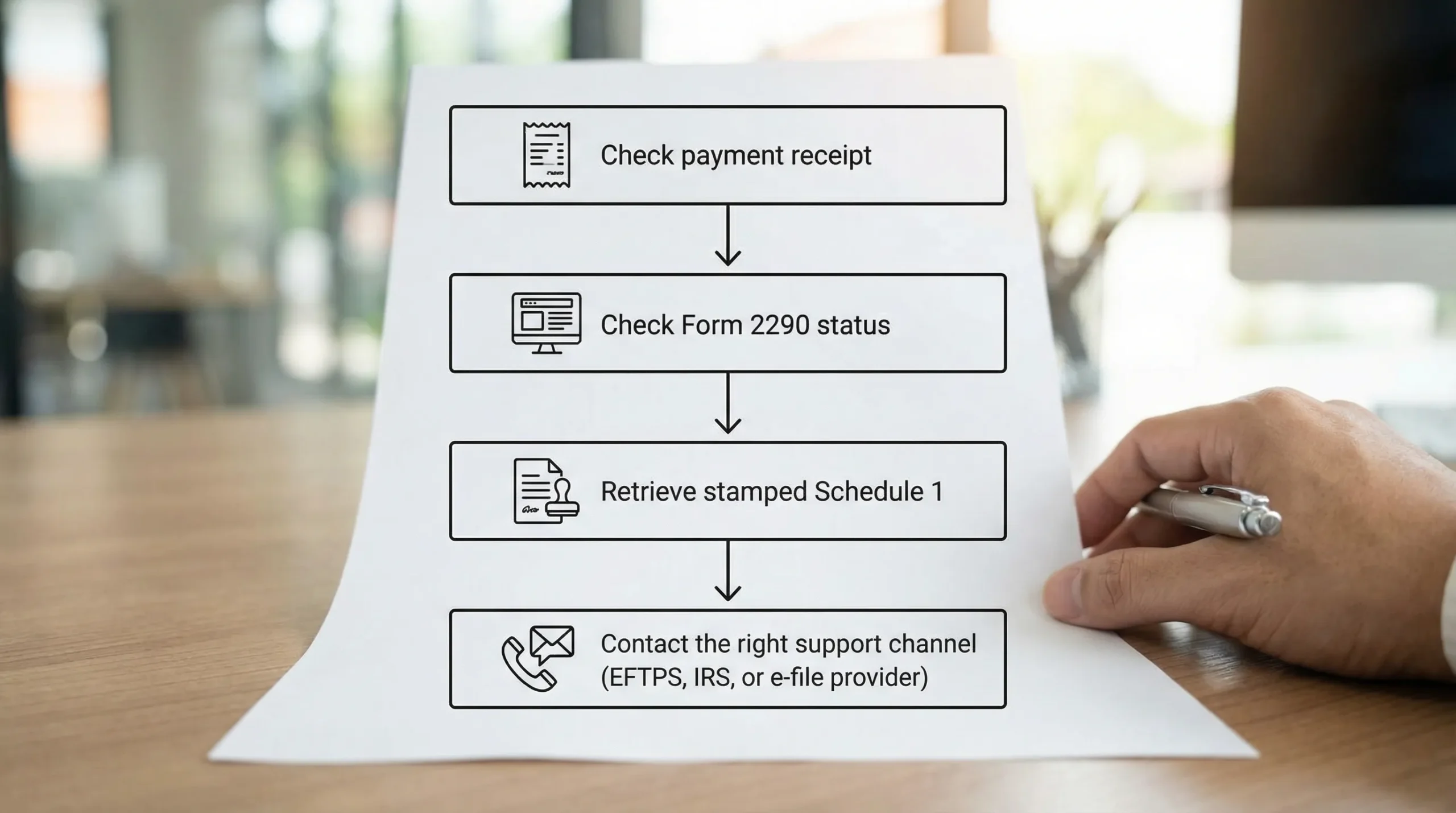 A simple four-step flowchart showing: Check payment receipt, Check Form 2290 status, Retrieve stamped Schedule 1, Contact the right support channel (EFTPS, IRS, or e-file provider).