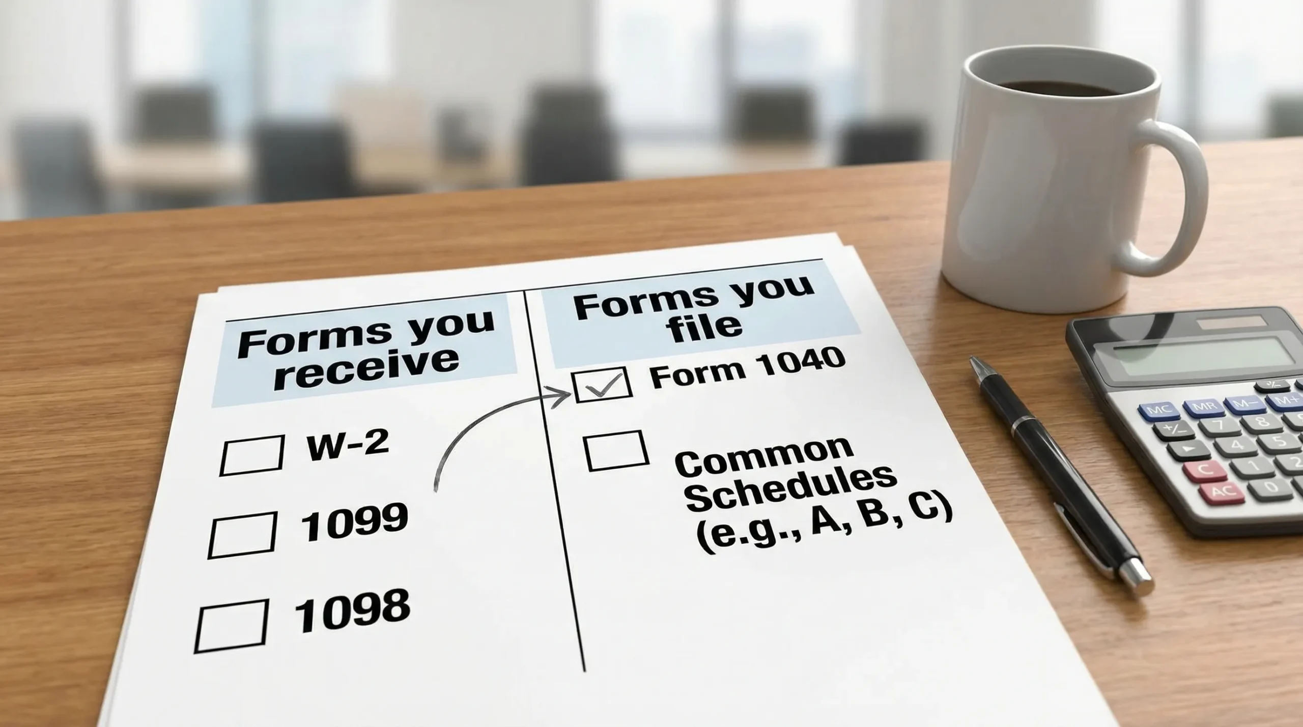 A simple visual checklist showing two columns: “Forms you receive” (W-2, 1099, 1098) and “Forms you file” (Form 1040 and common schedules), with arrows indicating the flow from documents to tax return.