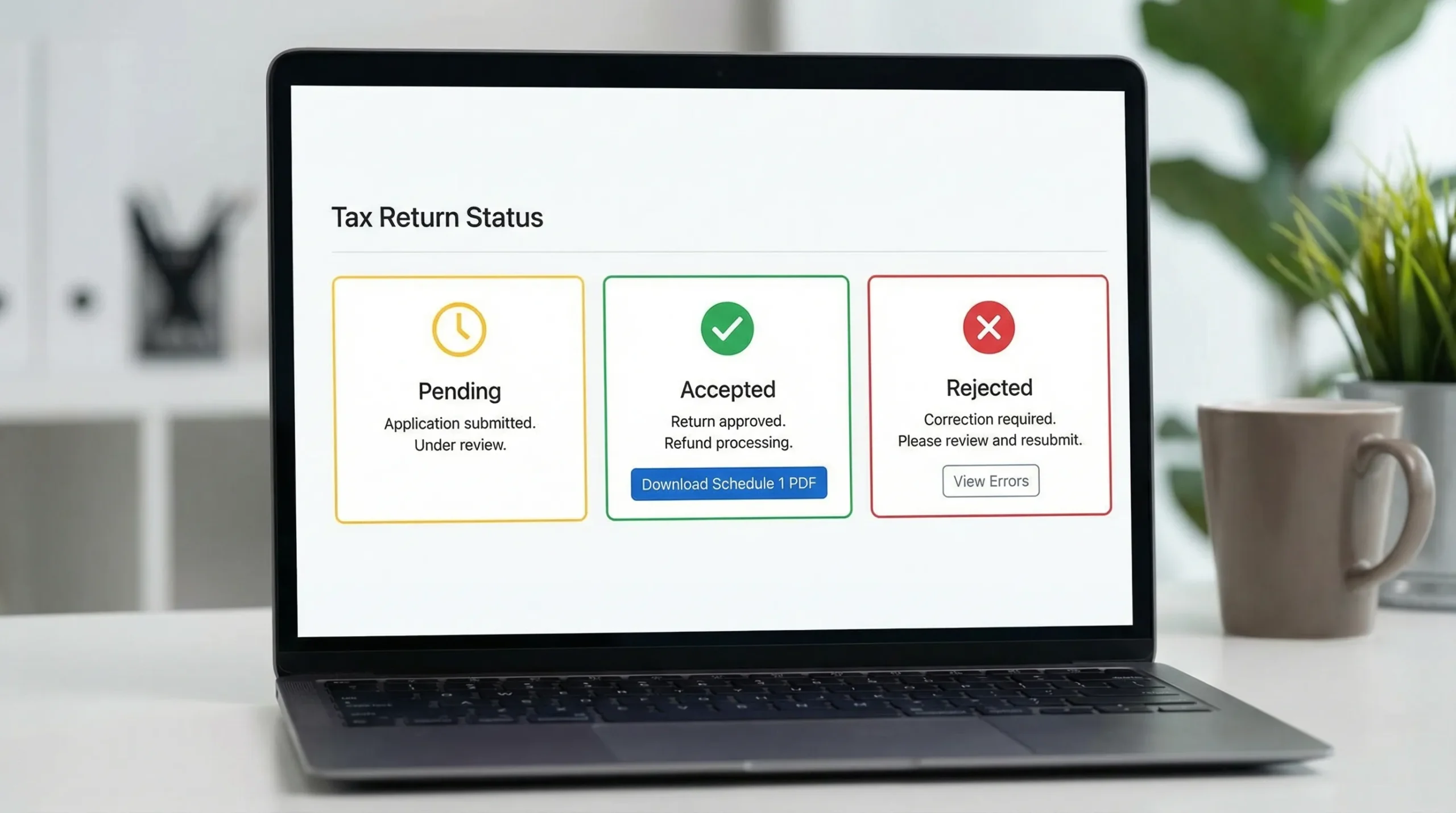 A simple visual showing a tax return status flow in an online dashboard with three labeled states: Pending, Accepted (with Schedule 1 download), and Rejected (with correction required), presented as clean cards without showing any real personal data.