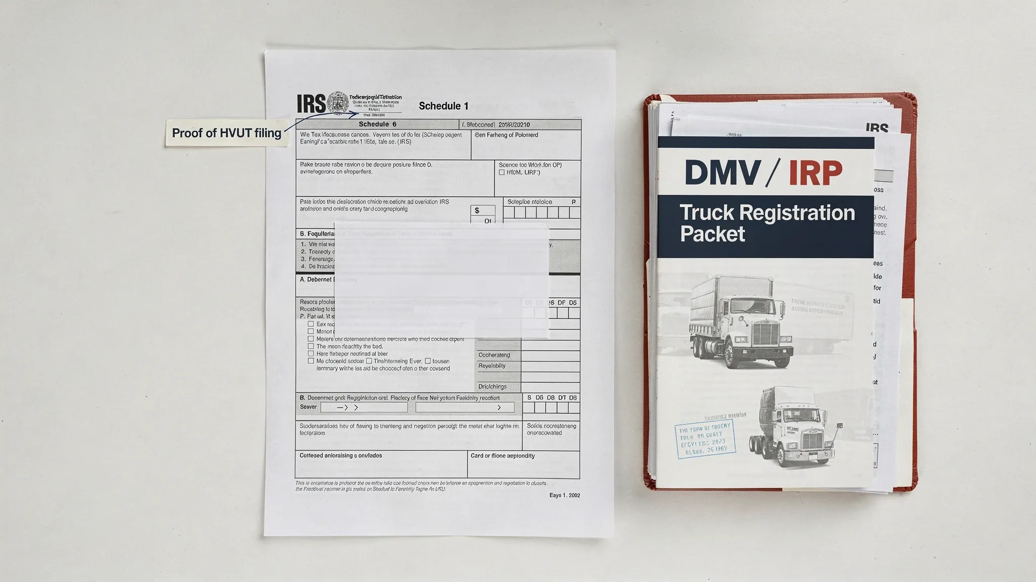 A simplified visual of an IRS-stamped Schedule 1 page with a visible watermark area, alongside a truck registration packet labeled DMV/IRP, emphasizing proof of HVUT filing.