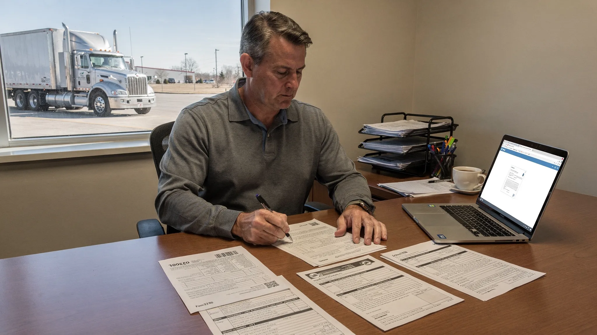 A small trucking company owner sitting at a desk organizing IRS paperwork (Form 2290, Schedule 1, EIN letter) with a laptop open, and a semi truck visible through a nearby window, conveying compliance and recordkeeping.