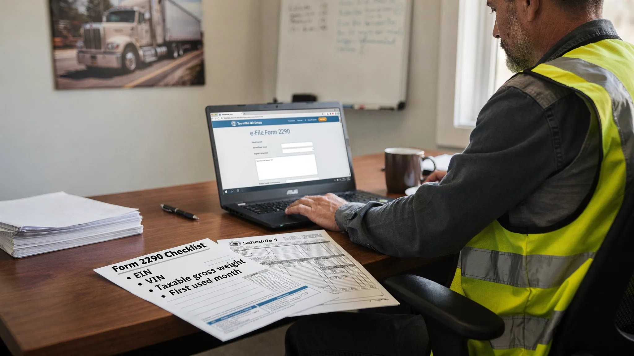 A truck owner at a desk reviewing a checklist labeled EIN, VIN, taxable gross weight, and First Used Month, with a printed Schedule 1 document and a laptop open showing an online tax filing portal.
