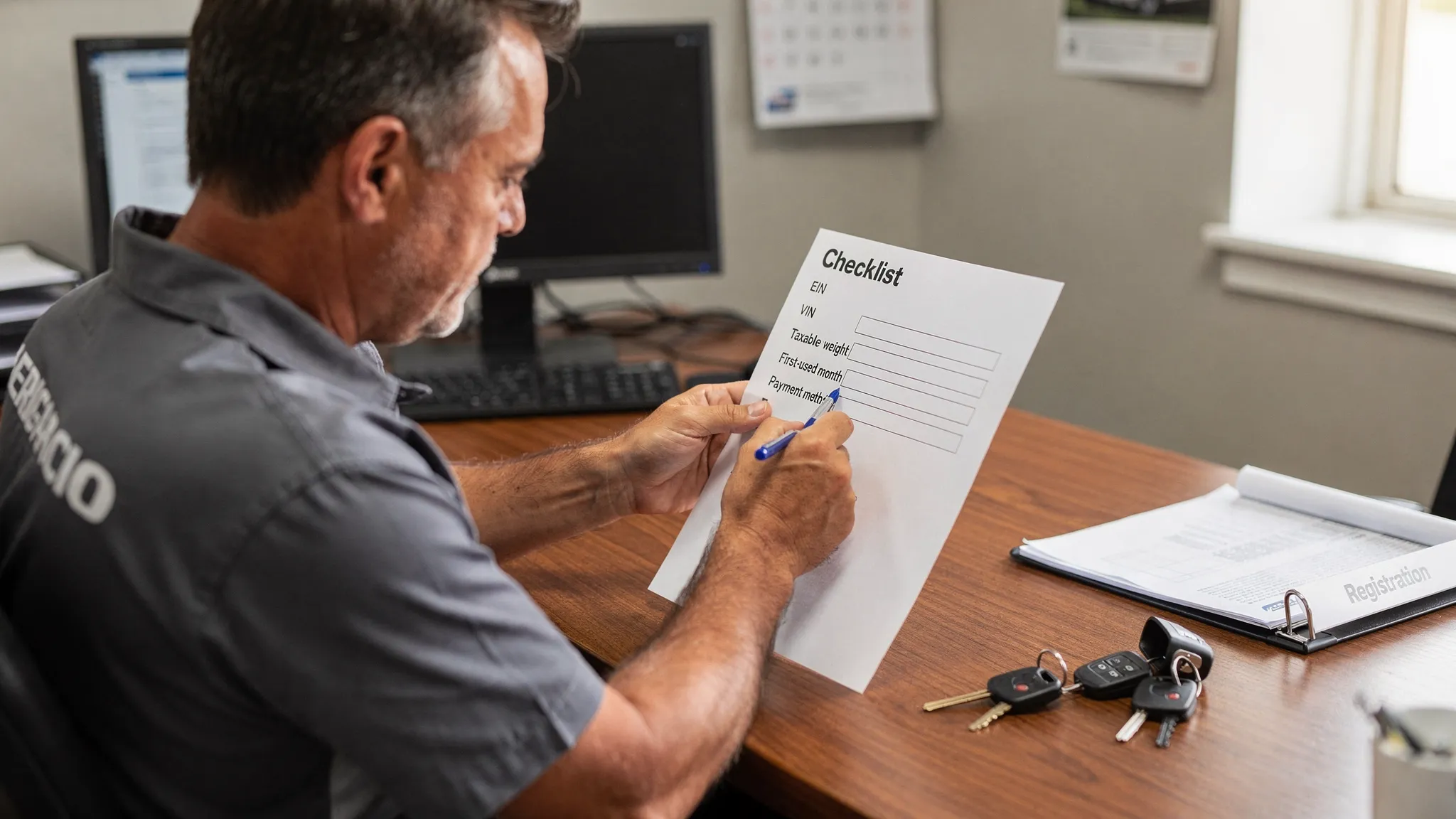 A truck owner at a desk reviewing a simple checklist labeled EIN, VIN, taxable weight, first-used month, and payment method, with truck keys and a registration folder nearby.