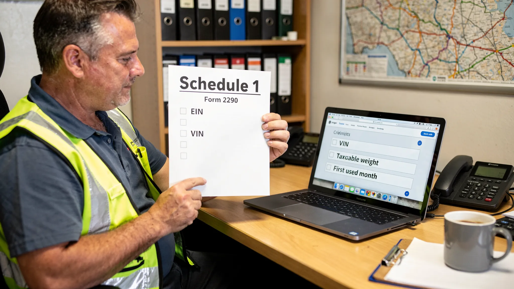 A truck owner at a dispatch desk holding a document labeled “Schedule 1”, with a laptop open showing a simple checklist for Form 2290 filing: EIN, VIN, taxable weight, first used month. The laptop screen is facing the viewer and shows only generic icons and text, no real tax data.
