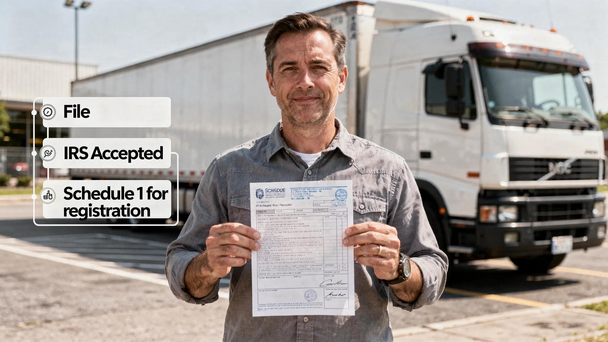 A truck owner holding a printed IRS-stamped Schedule 1 beside a semi truck, with a simple visual callout showing “File,” “IRS Accepted,” and “Schedule 1 for registration.”
