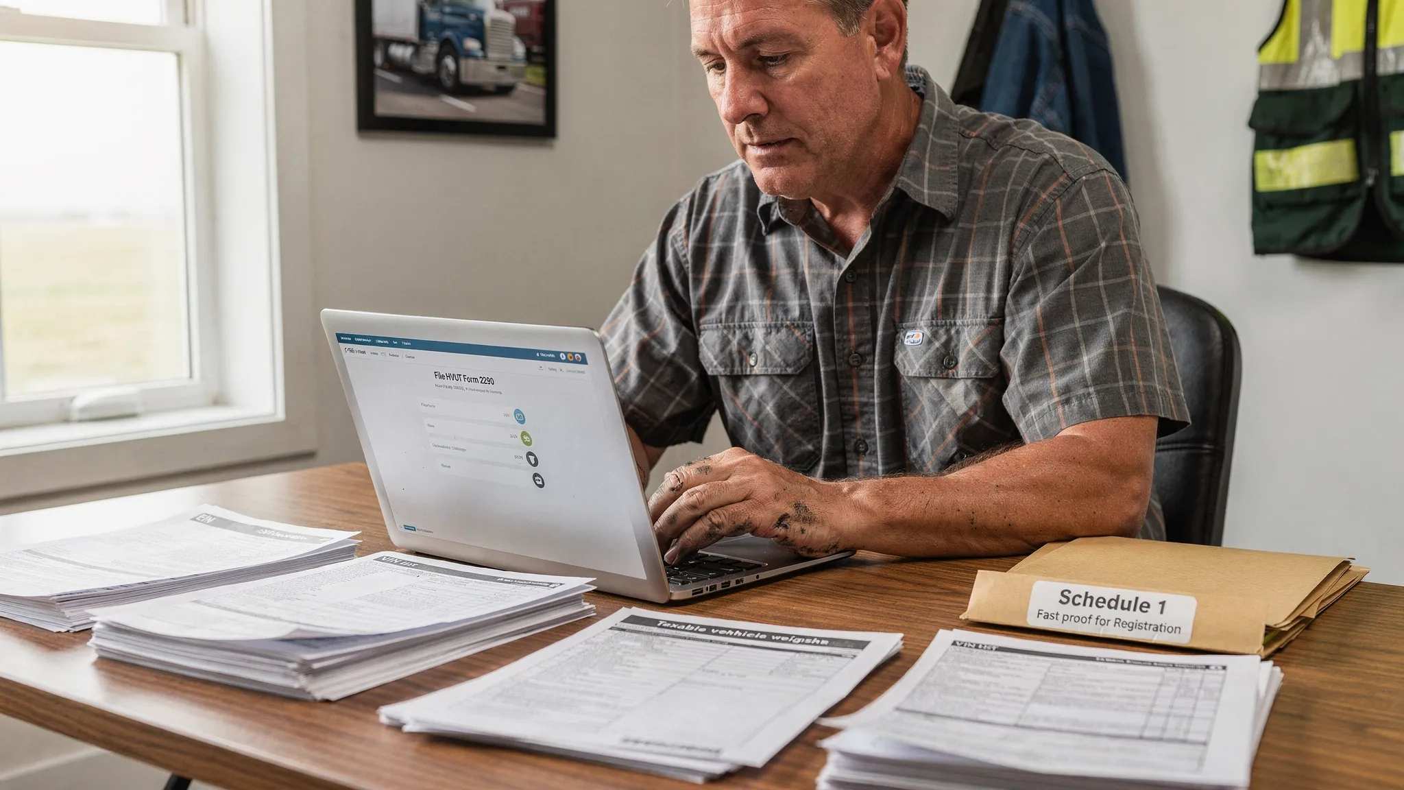 A truck owner-operator at a desk reviewing vehicle documents (EIN, VIN list, taxable weight notes) while using a laptop to file taxes online. A printed “Schedule 1” label is visible on a folder, emphasizing fast proof for registration.